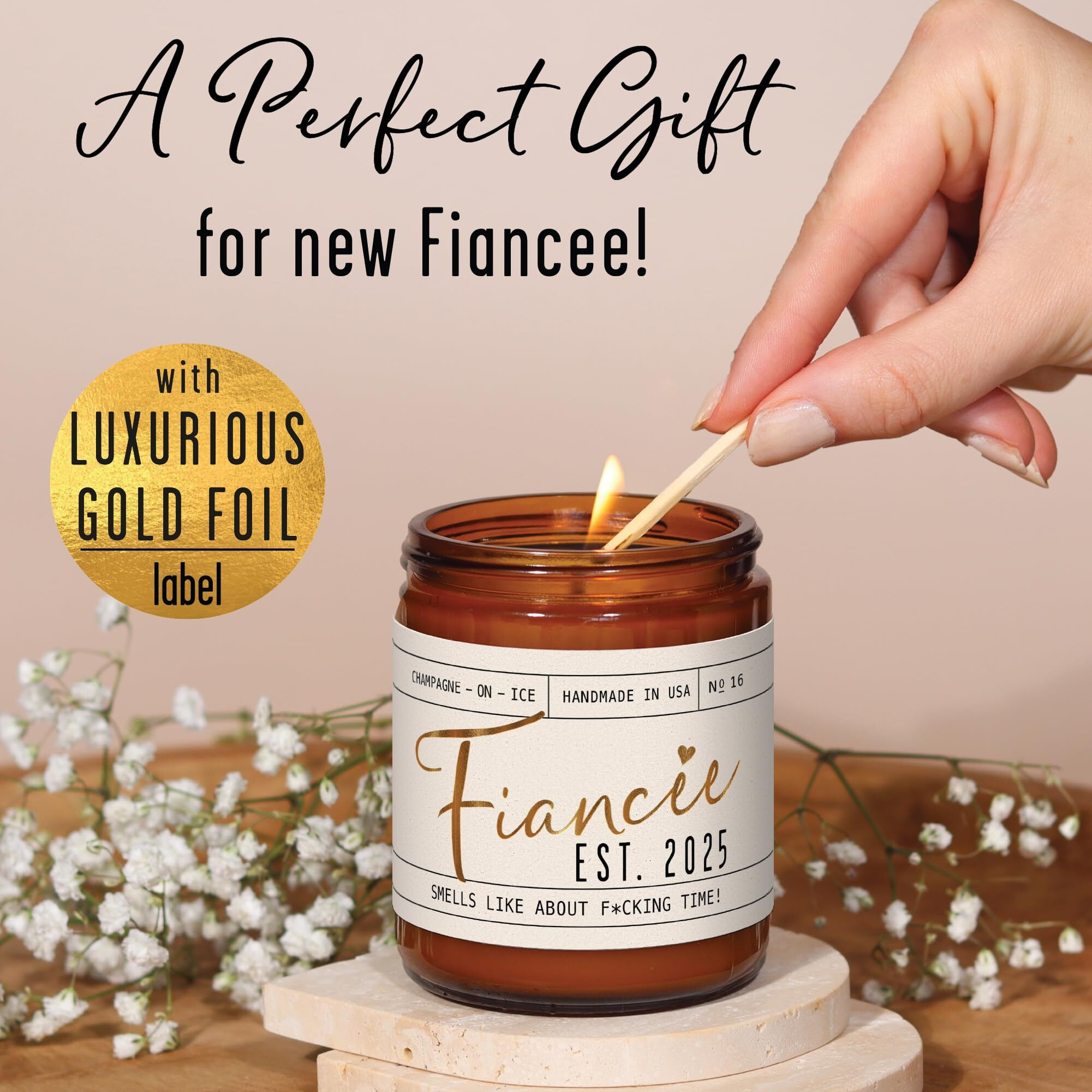 Fiance Gifts For Women, Engagement Gift - 'Fiancee Est. 2025' Soy Wedding Candle, W/Champagne On Ice - Infused W/Essential Oils I Engagement Gifts For Her I Bridal Shower Gifts I 50Hr Burn, Usa Made