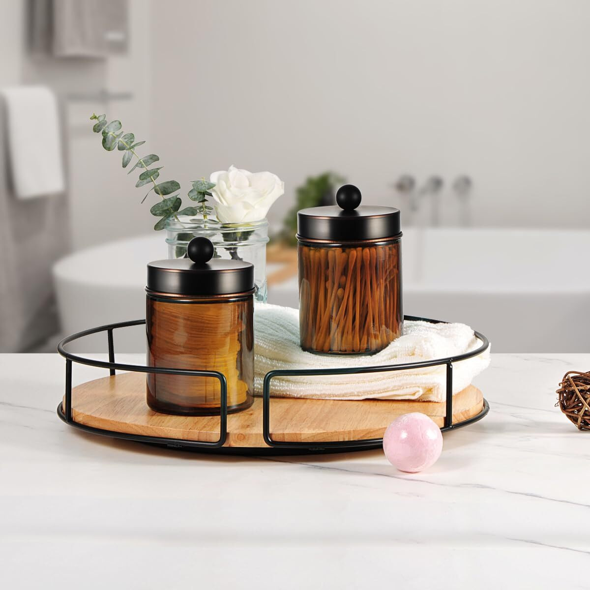 Amolliar Amber Glass Qtip Holder, Apothecary Jars With Oil Rubbed Bronze Metal Lid & Stickers-Bathroom Qtip Dispenser Storage Organizer Set,Vanity Counter Canister For Cotton Swabs,Round Floss(2 Pack)