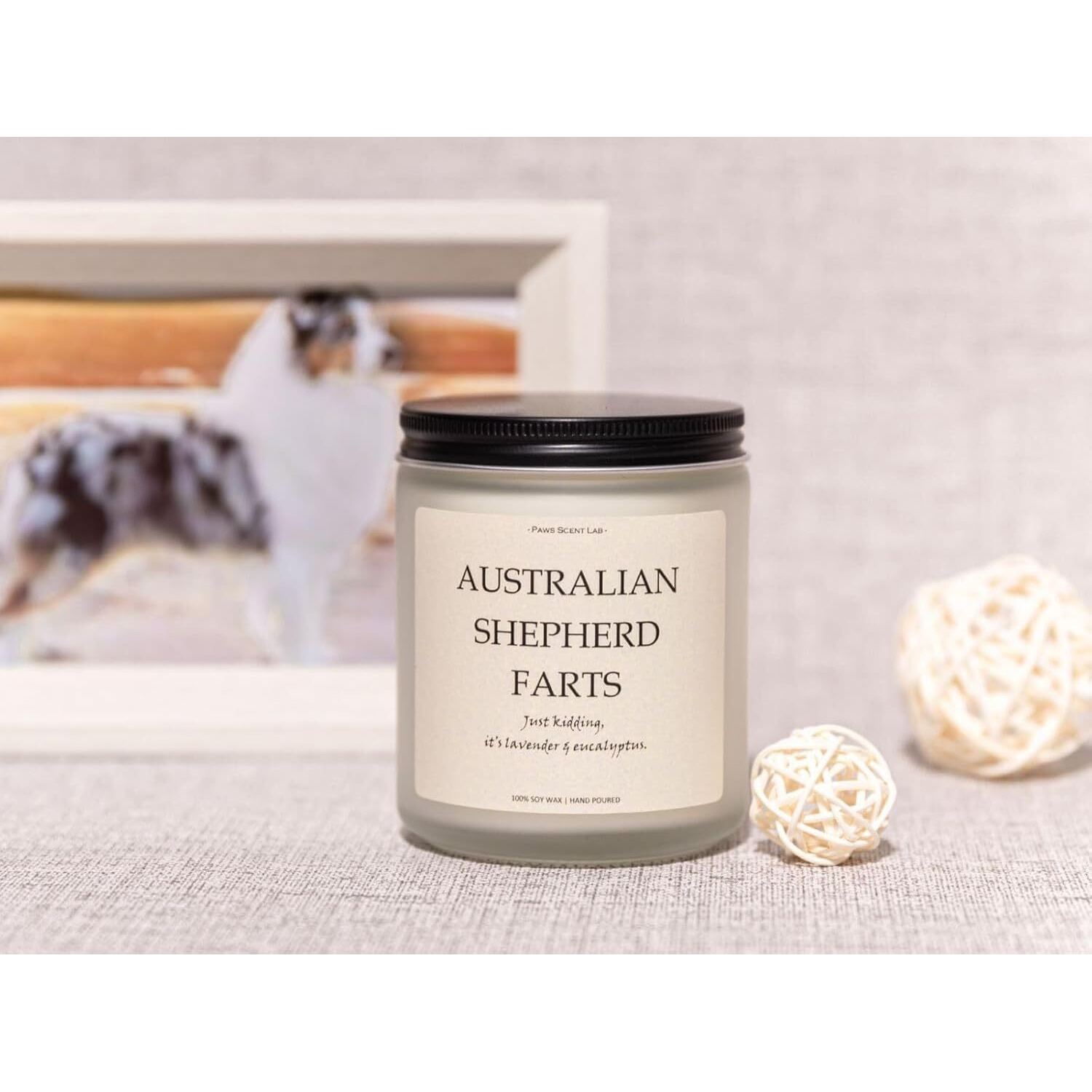 Australian Shepherd Gifts & Decor, Dog Farts Candle, Australian Shepherd Gifts For Women, Dog Mom Gifts For Women - Lavender & Eucalyptus, Crafted By Natural Soy Wax & Natural Essential Oils, 7Oz
