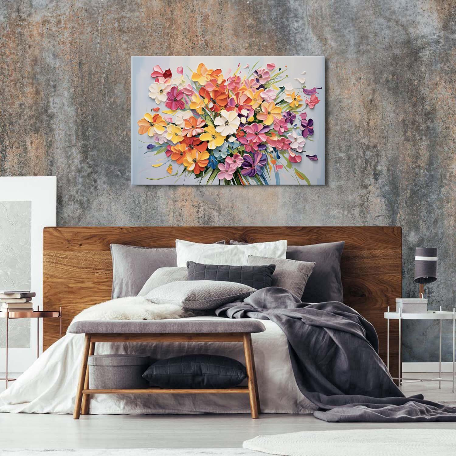 Aesthetic Daisy Wall Decor Floral Wall Art Abstract Poppies Bouquet Texture Canvas Print Colorful Nature Flowers Oil Picture For Living Room Home Decoration Wildflower Painting Large Size Gifts 32X48