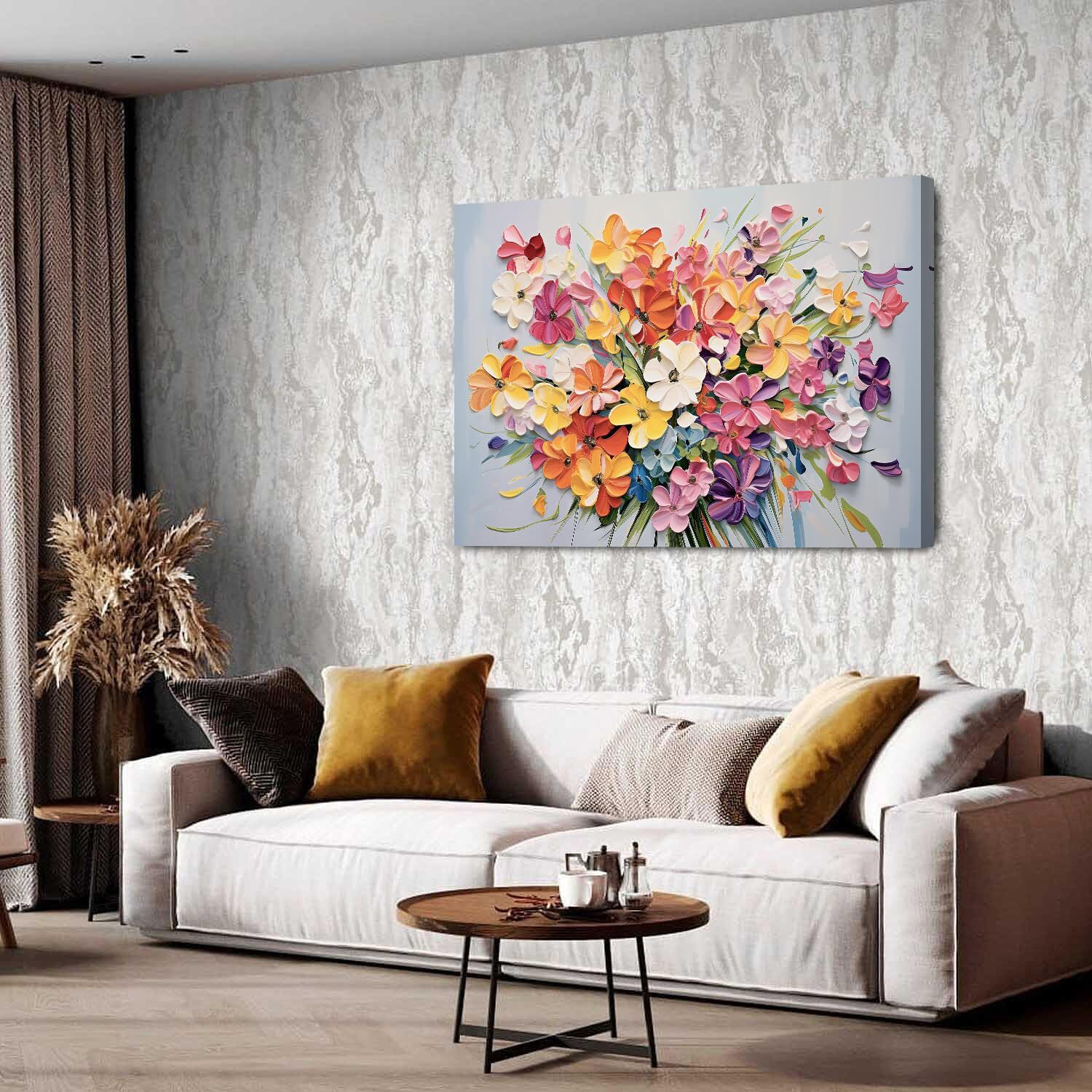 Aesthetic Daisy Wall Decor Floral Wall Art Abstract Poppies Bouquet Texture Canvas Print Colorful Nature Flowers Oil Picture For Living Room Home Decoration Wildflower Painting Large Size Gifts 32X48