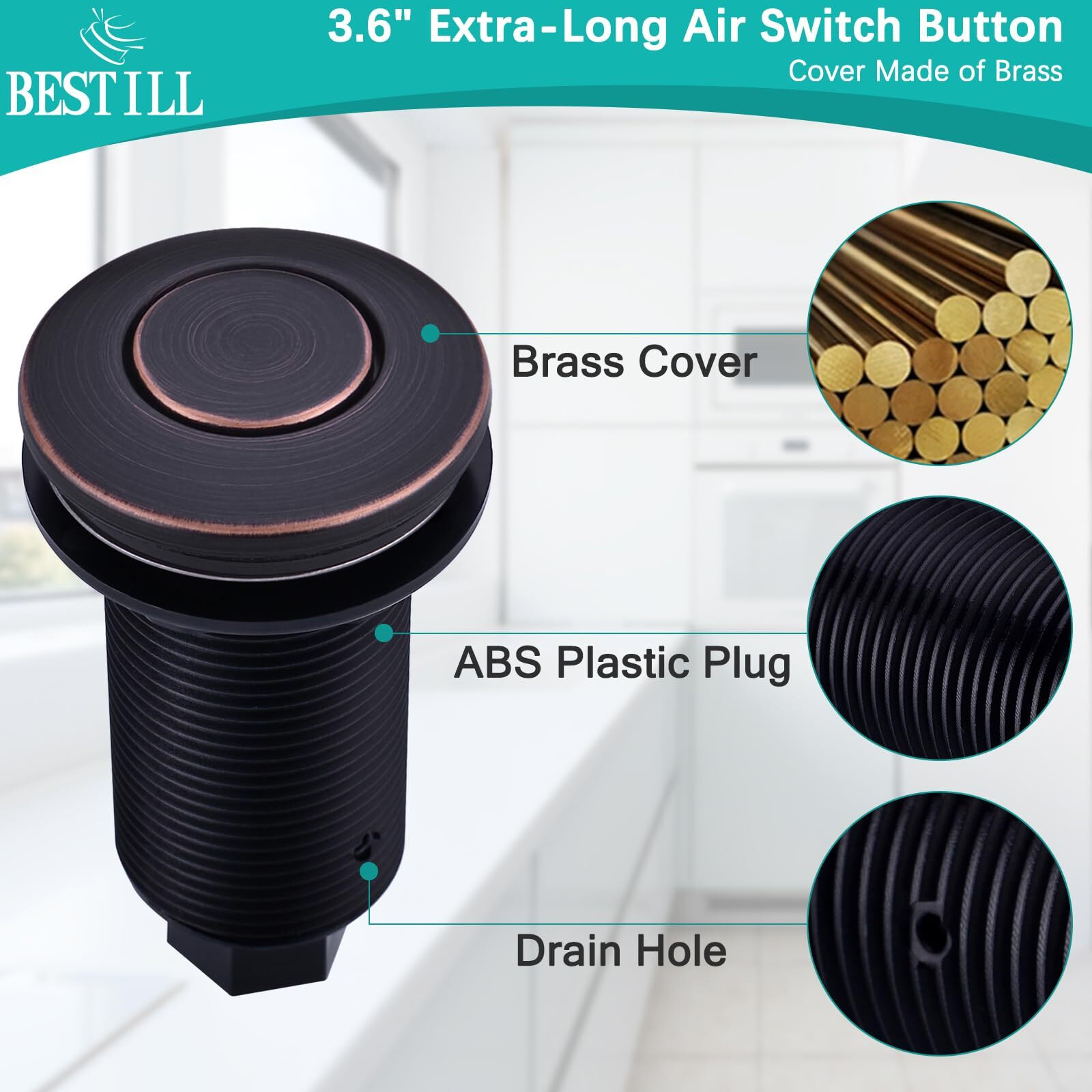 Bestill Sink Top Garbage Disposal Air Switch Kit With Dual Outlet, Ul Listed, Oil Rubbed Bronze 3.6"" Long Push Button With Brass Cover, Compatible With Disposer And Dishwasher