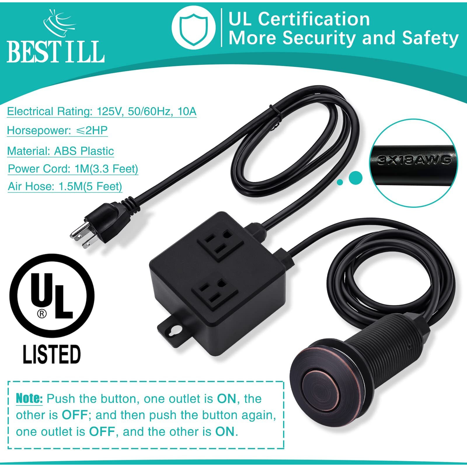 Bestill Sink Top Garbage Disposal Air Switch Kit With Dual Outlet, Ul Listed, Oil Rubbed Bronze 3.6"" Long Push Button With Brass Cover, Compatible With Disposer And Dishwasher