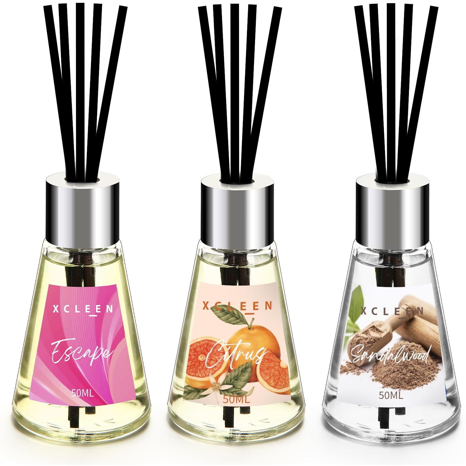 Xcleen Reed Diffuser Of 3 Pack, Escape/Citrus/Sandalwood, Scented Diffuser With 15 Fiber Sticks, Home Fragrance Oil Diffuser, Air Freshener For Bathroom & Bedroom, Each 1.7Fl Oz, Total 5.1Oz