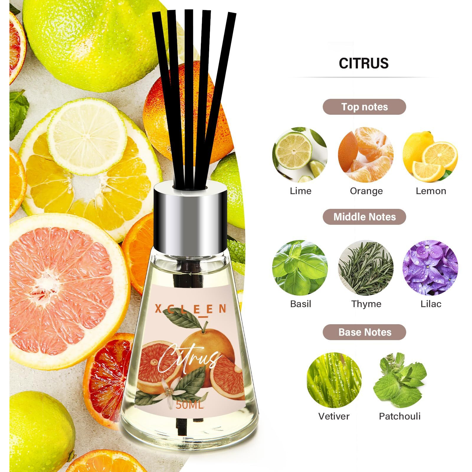 Xcleen Reed Diffuser Of 3 Pack, Escape/Citrus/Sandalwood, Scented Diffuser With 15 Fiber Sticks, Home Fragrance Oil Diffuser, Air Freshener For Bathroom & Bedroom, Each 1.7Fl Oz, Total 5.1Oz