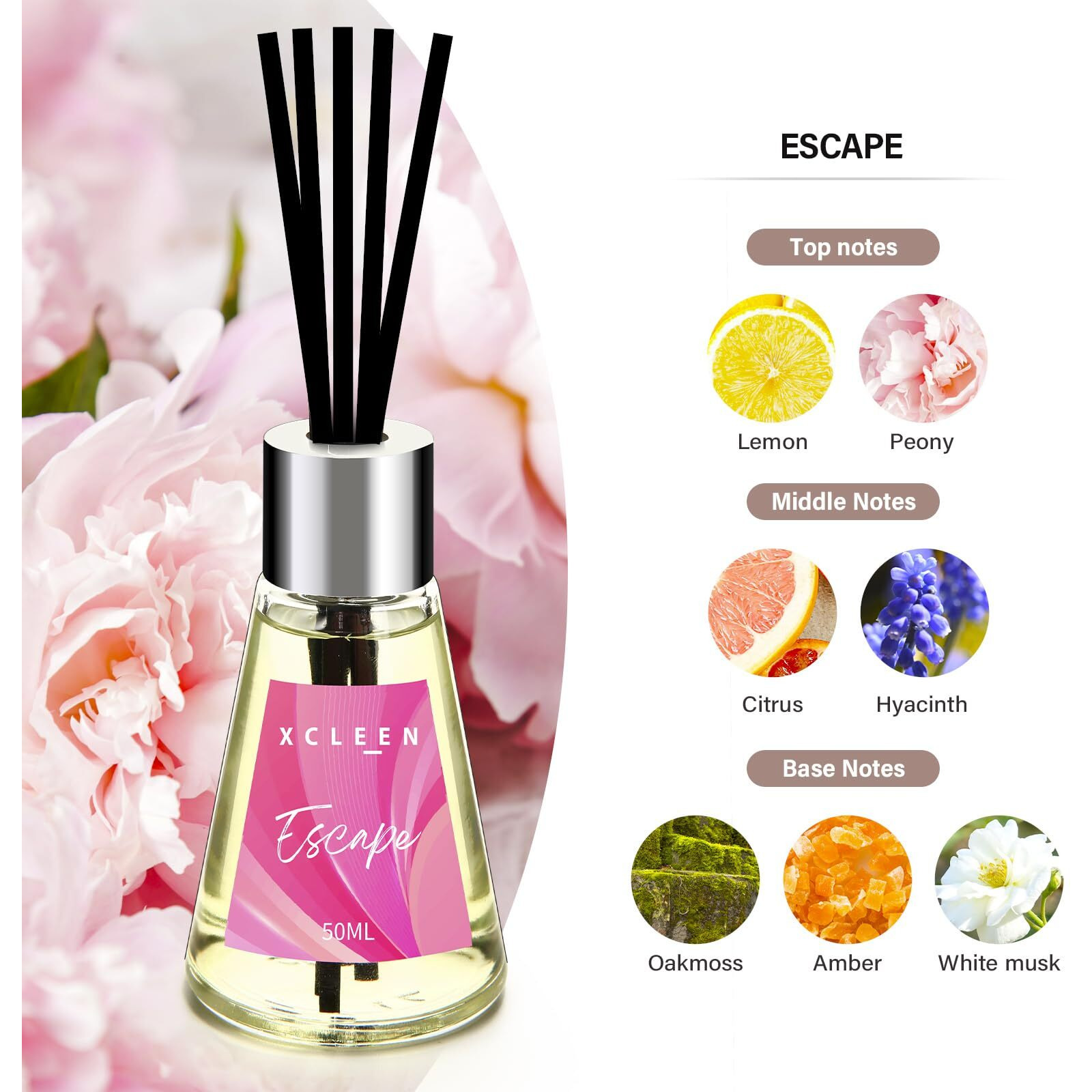 Xcleen Reed Diffuser Of 3 Pack, Escape/Citrus/Sandalwood, Scented Diffuser With 15 Fiber Sticks, Home Fragrance Oil Diffuser, Air Freshener For Bathroom & Bedroom, Each 1.7Fl Oz, Total 5.1Oz