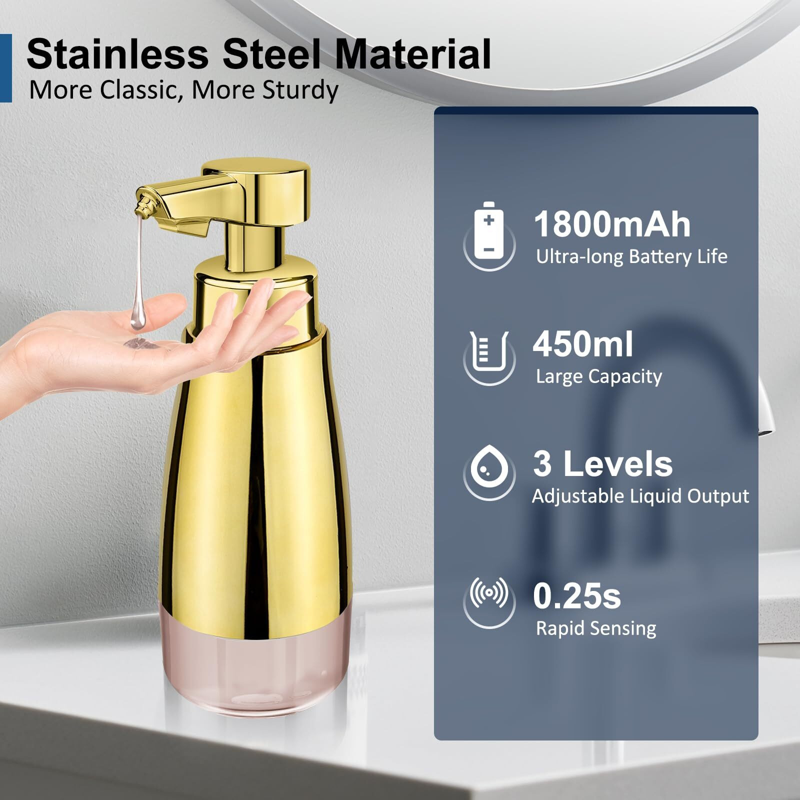 Automatic Soap Dispenser Liquid Touchless 15Oz Stainless Steel - 3 Level Adjustable Gold Rechargeable Electric Auto Smart Soap Dispenser - Bathroom Kitchen Hand Dish Lotion