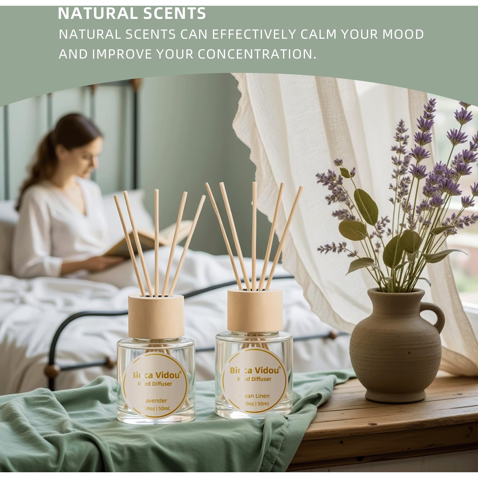 Binca Vidou Reed Diffuser Set Lavender & Linen Natural Scent Theme Oil Diffusers With Sticks For Home Office Bathroom Aromatherapy Decor 1.69Oz X 2
