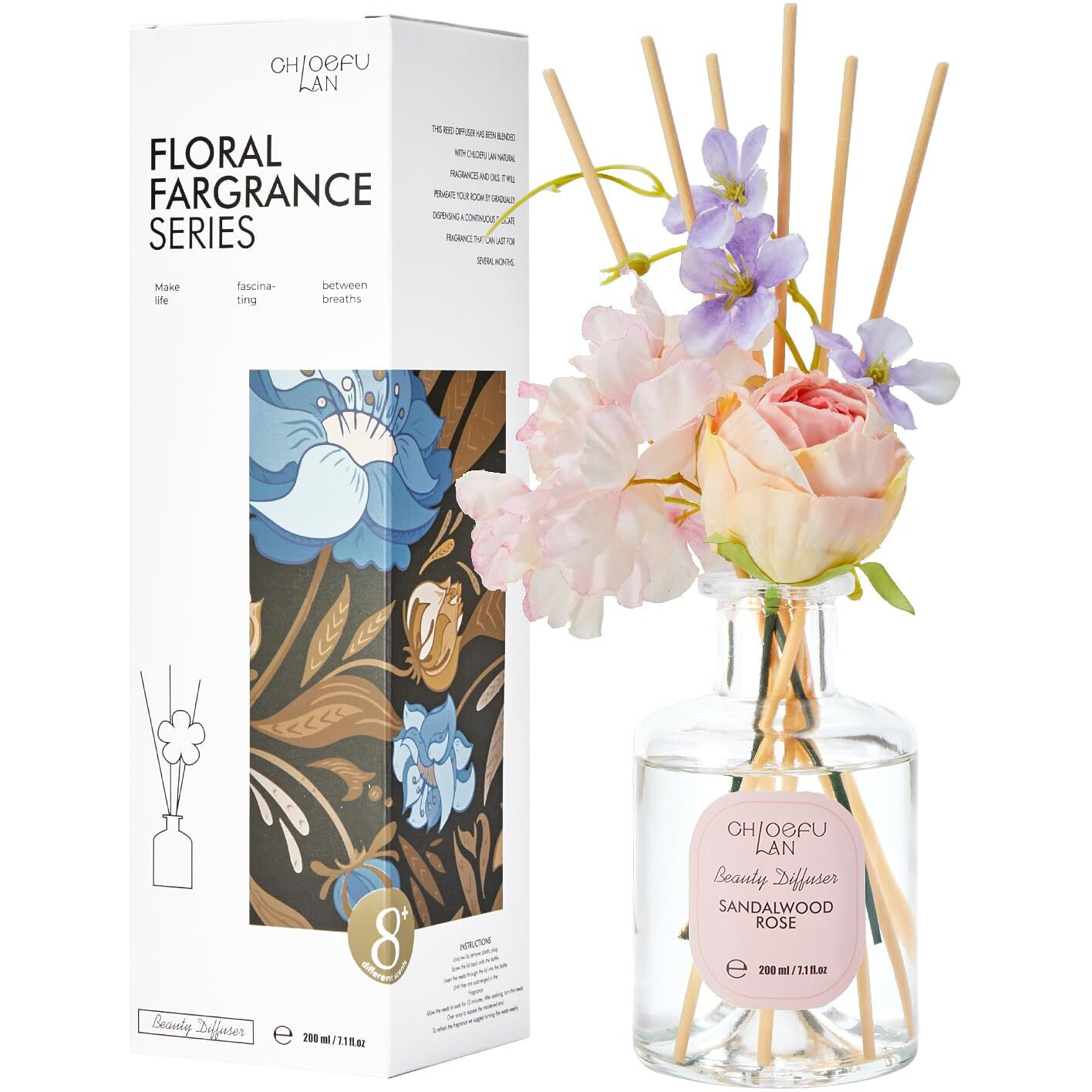Chloefu Lan Premium Re  D Diffuser Set With Pink & Purple Flowers Re  D Diffuser Sticks Sandalwood Rose | 6.7Oz Scent Fragrance Oil Diffuser For Bedroom Bathroom Home Shelf D  Cor