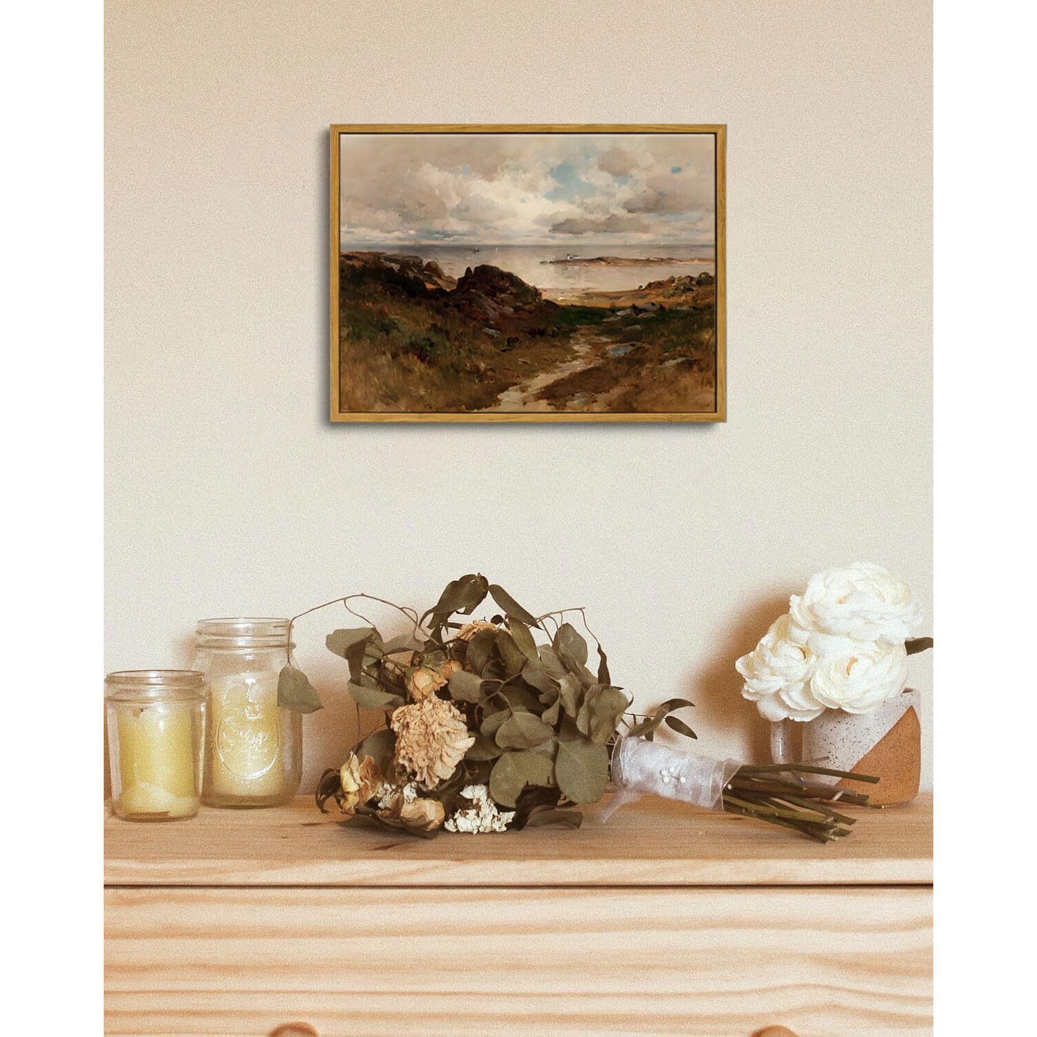 Oiqartoiq Framed Vintage Landscape Wall Art Coast Natural Scenery Oil Painting Canvas Prints Country Farmhouse Aesthetic Decor Pictures For Kitchen Bedroom Living Room Bathroom