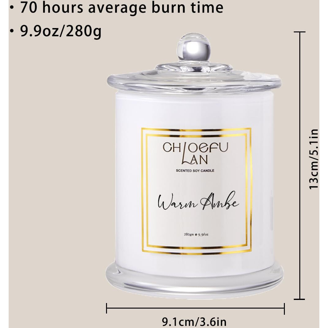 Chloefu Lan Warm Amber Candle, Scented Candles Gifts For Women & Men, Amber Oil, Cotton Wick, Natural Soy Wax For Clean Burning, Luxury Home Decor, Non-Toxic, Glass Jar Candle, 70 Hour Burn, 10 Oz