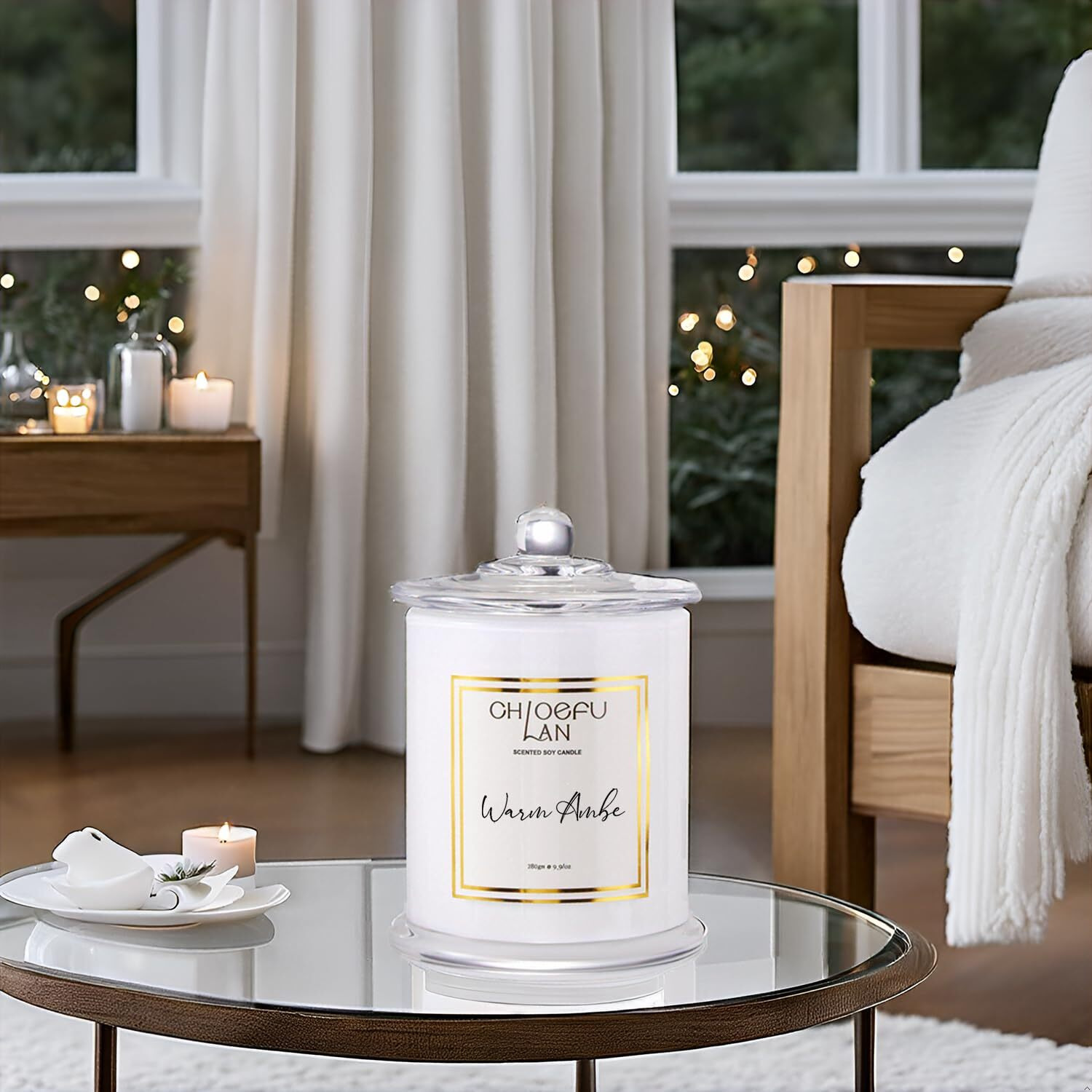 Chloefu Lan Warm Amber Candle, Scented Candles Gifts For Women & Men, Amber Oil, Cotton Wick, Natural Soy Wax For Clean Burning, Luxury Home Decor, Non-Toxic, Glass Jar Candle, 70 Hour Burn, 10 Oz