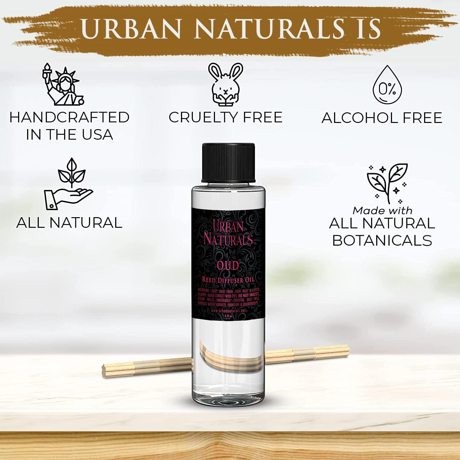 Urban Naturals Reed Diffuser Oil Refill, Oud Diffuser Oil With Raspberry, Warm Amber, Bergamot, 4 Oz + Free Reed Sticks, Made In The Usa