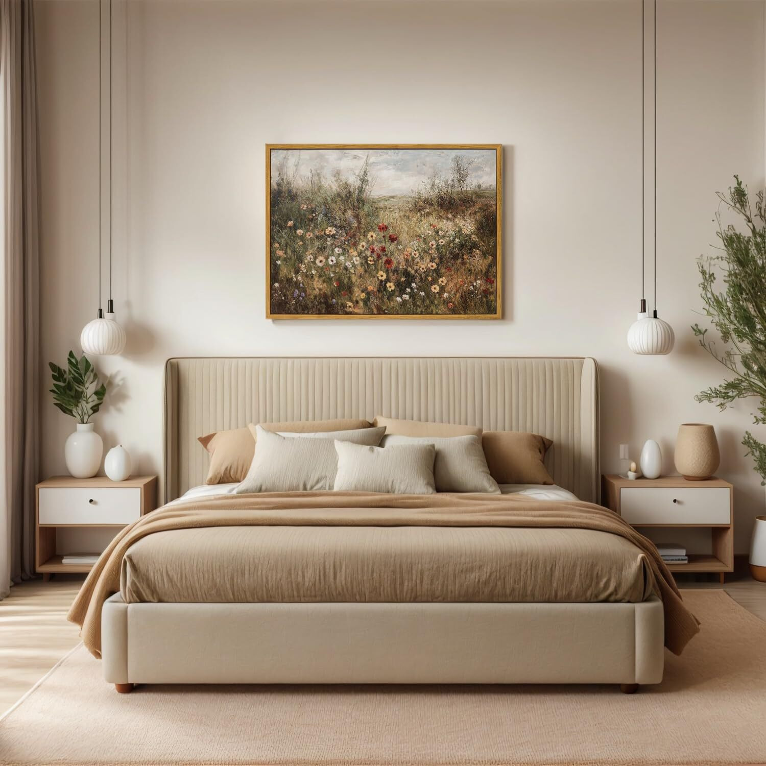 Oiqartoiq Vintage Wildflowers Landscape Wall Art Framed Floral Natural Scenery Oil Painting Canvas Prints Country Farmhouse Fall Decor Pictures Kitchen Bedroom Living Room Bathroom