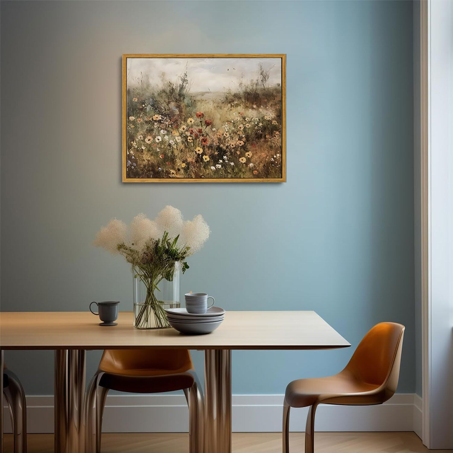 Oiqartoiq Vintage Wildflowers Landscape Wall Art Framed Floral Natural Scenery Oil Painting Canvas Prints Country Farmhouse Fall Decor Pictures Kitchen Bedroom Living Room Bathroom