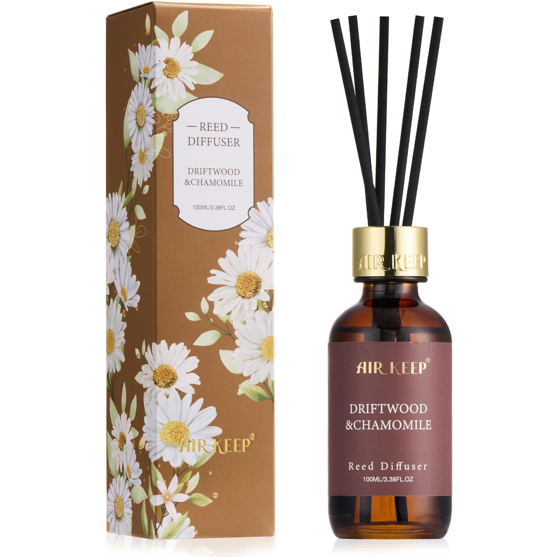 Airkeep Reed Diffuser Set, 3.38 Fl Oz (100 Ml) - Chamomile Wood Oil Diffusers With 8 Reed Sticks, Home Fragrance Reed Diffuser For Bathroom Shelf Decor