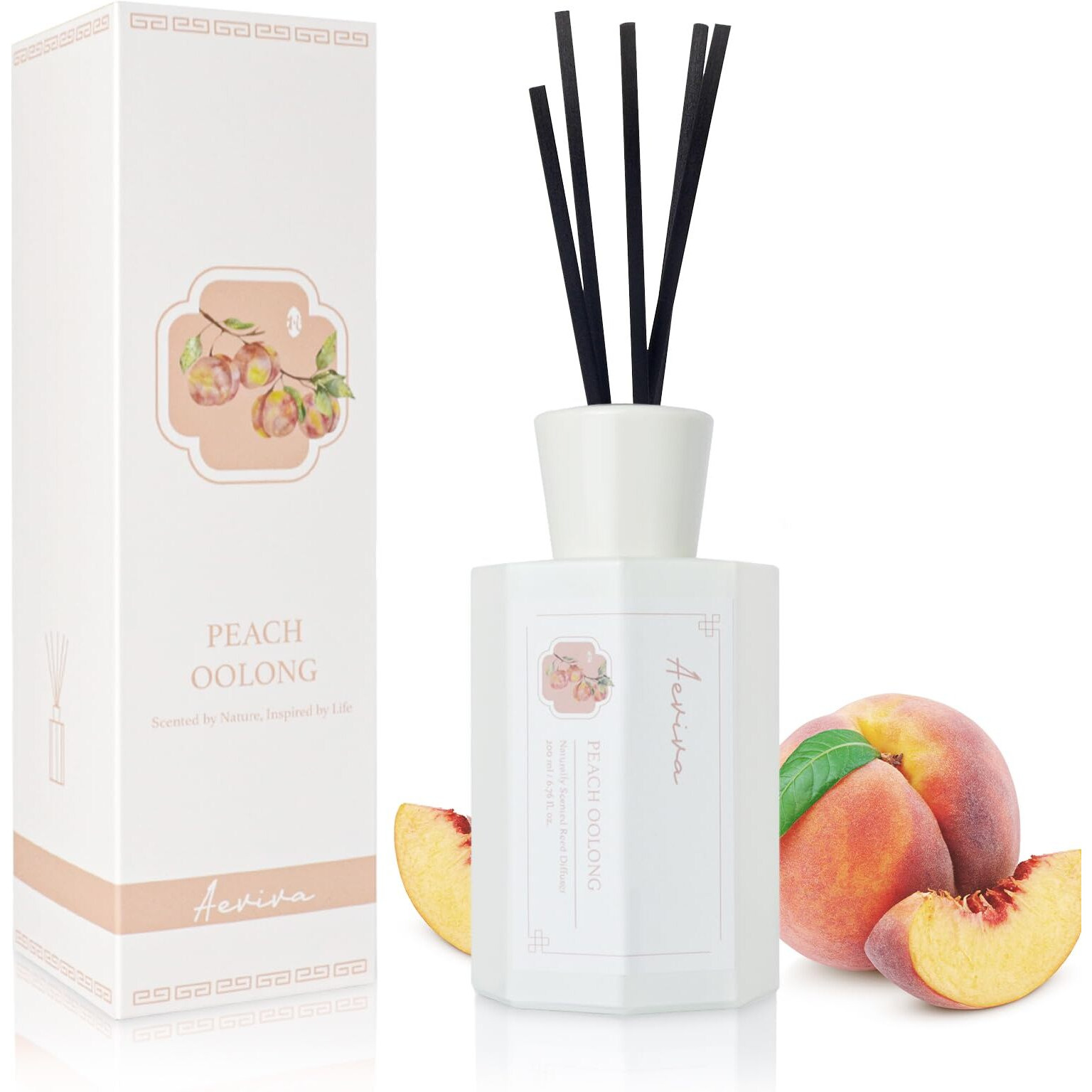 Aeviva Reed Diffuser Set, Peach Oolong Scented Oil Diffuser, 6.76 Fl Oz (200 Ml) Home Fragrance Diffuser With Reed Sticks, Air Fresheners For Home, Bathroom Shelf Decor