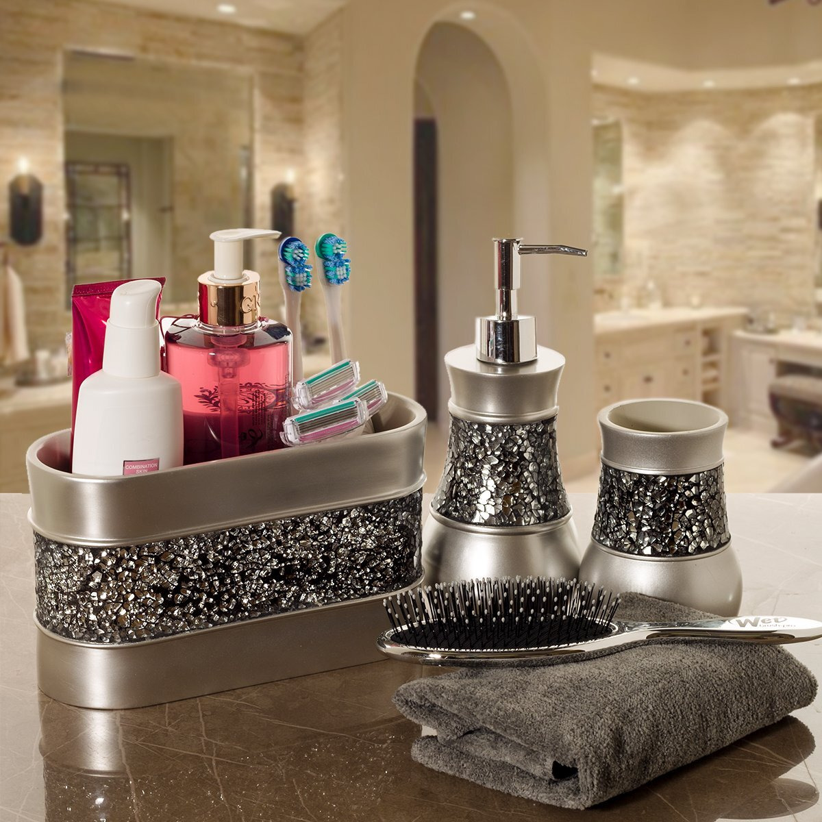 Crackled Glass Bathroom Tumbler Cup - Decorative Silver Crackled Glass Rinse Mug For Water, Best Tumblers For Mouthwash/Rinsing