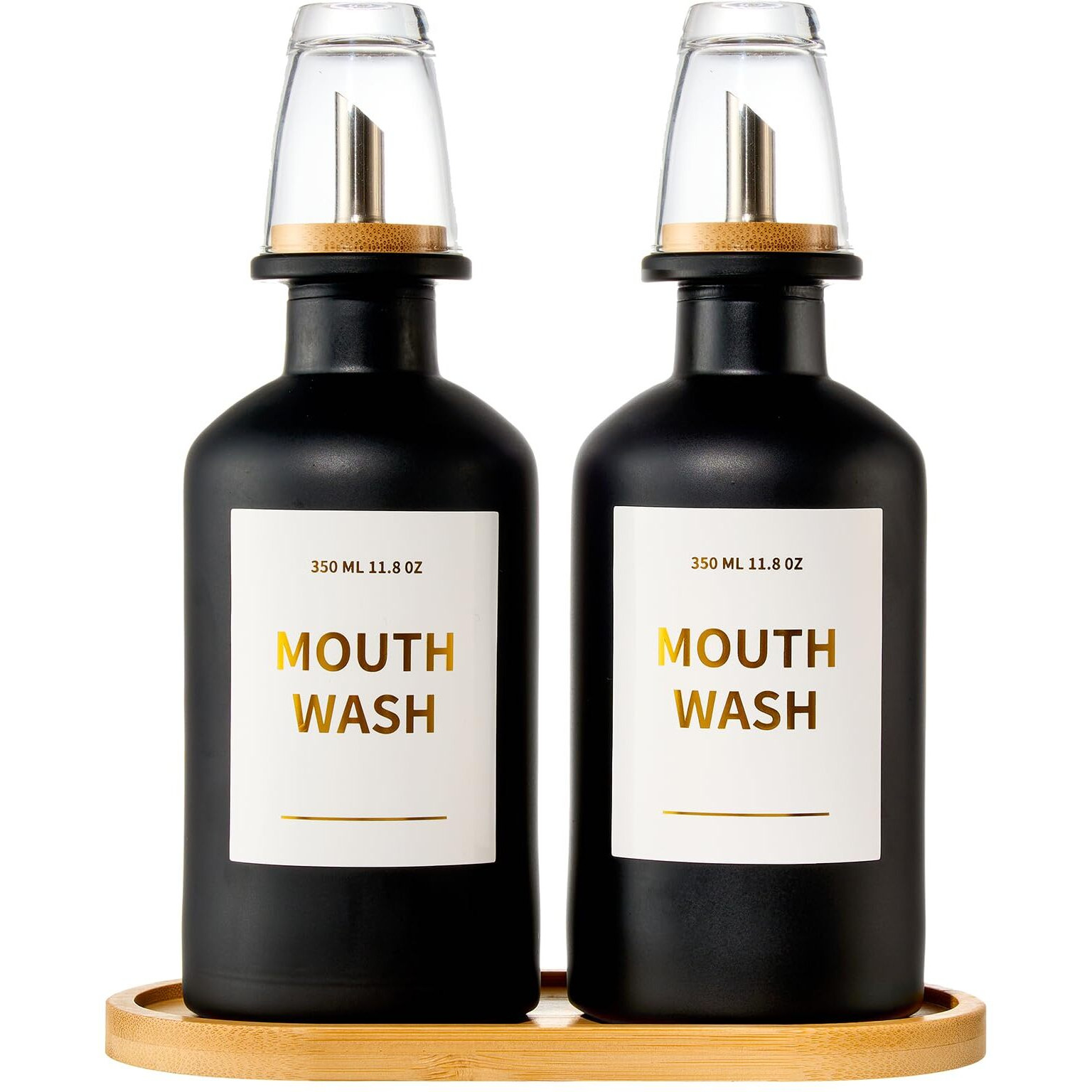 Glass Mouthwash Dispenser For Bathroom, 11.8Oz Mouthwash Holder With Stianless Steel Spouts, Mouthwash Decanter With Bamboo Holder, Refillable Cups, Reusable Funnel, Golden Stickers