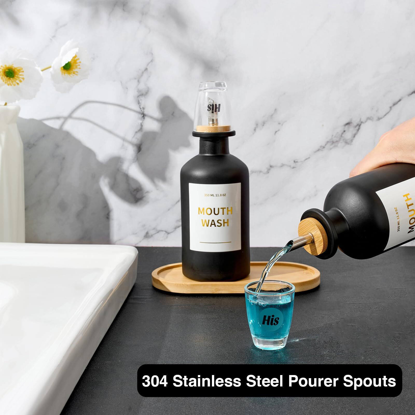 Glass Mouthwash Dispenser For Bathroom, 11.8Oz Mouthwash Holder With Stianless Steel Spouts, Mouthwash Decanter With Bamboo Holder, Refillable Cups, Reusable Funnel, Golden Stickers