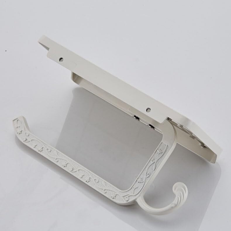 Antique Brass Toilet Paper Holder With Shelf, Aluminum Wall Mount Toilet Tissue Holder With Cell Phone Storage And Hook,Bathroom Toilet Paper Holder Modern Style & Rustproof(White)