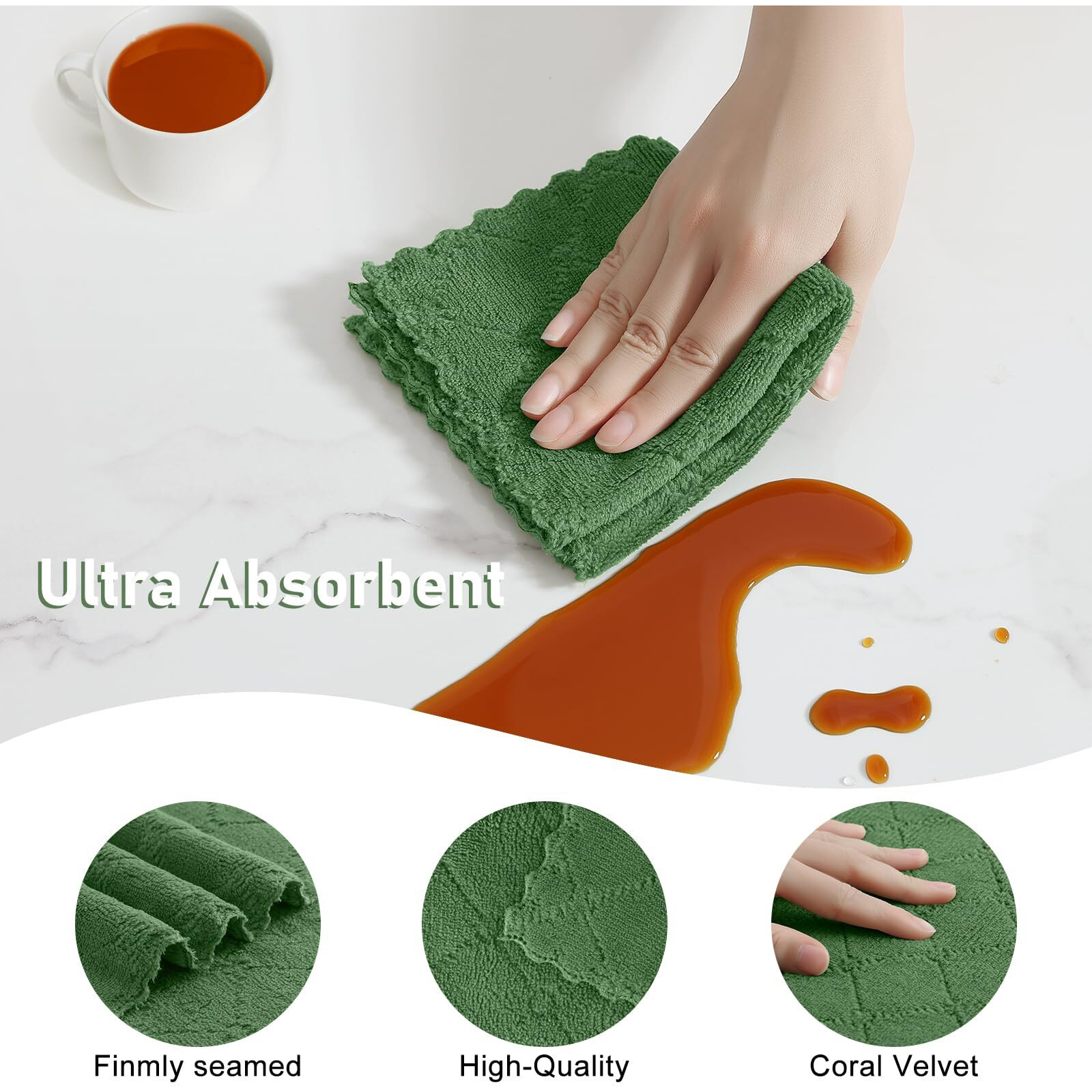 Homaxy Kitchen Towels And Dishcloths Set, 10 X 10 And 13 X 19 Inches, Set Of 12 Super Soft And Absorbent Coral Velvet Kitchen Towels, No Lint And Nonstick Oil Fast Drying Dish Towel, Grass Green