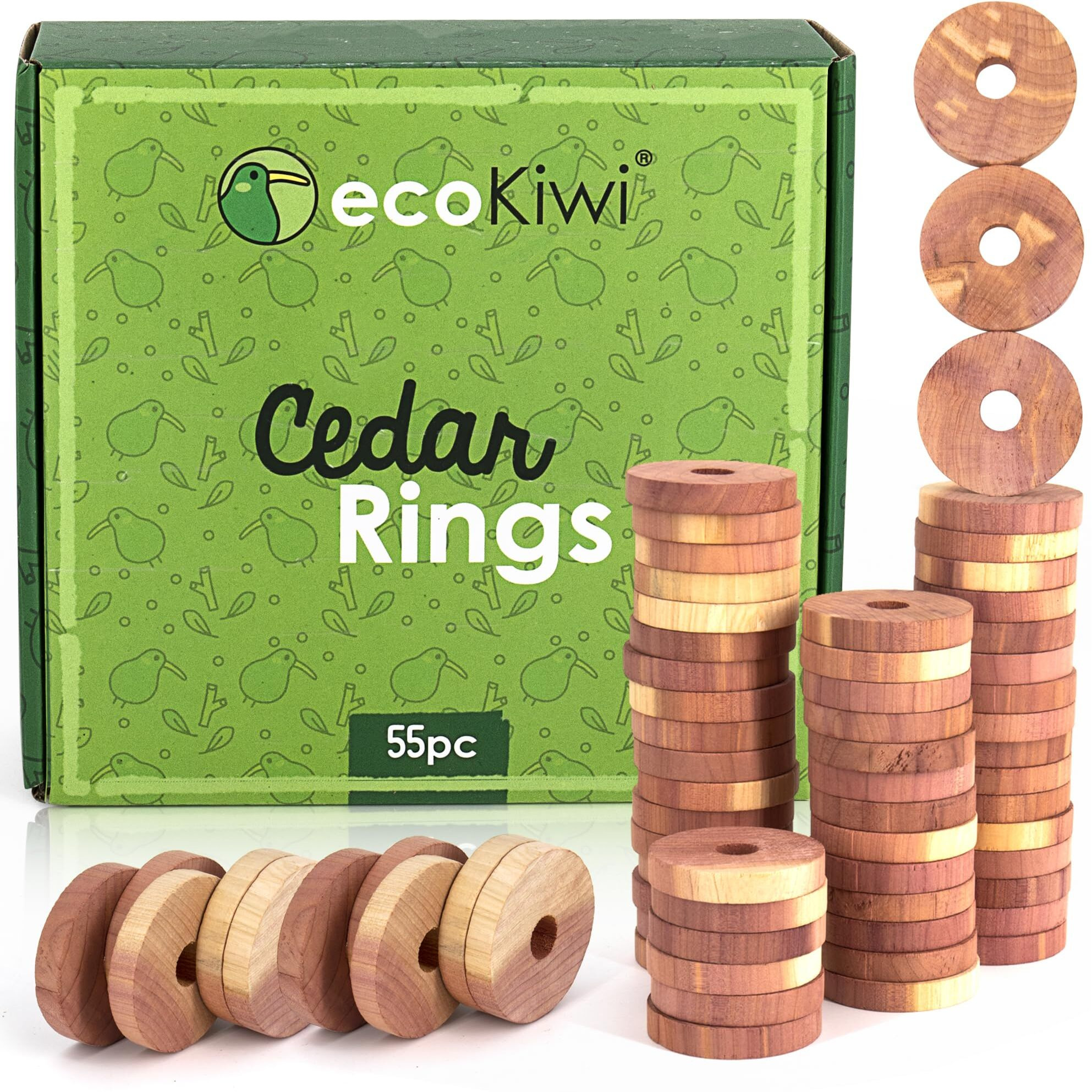 Ecokiwi Cedar Blocks For Clothes Storage - 55 Pack Cedar Rings - 100% Natural Aromatic Cedar For Closets & Drawers - Red Cedarwood Oil Scented Chips With Sandpaper - Cedar Planks Freshener Deodorizer
