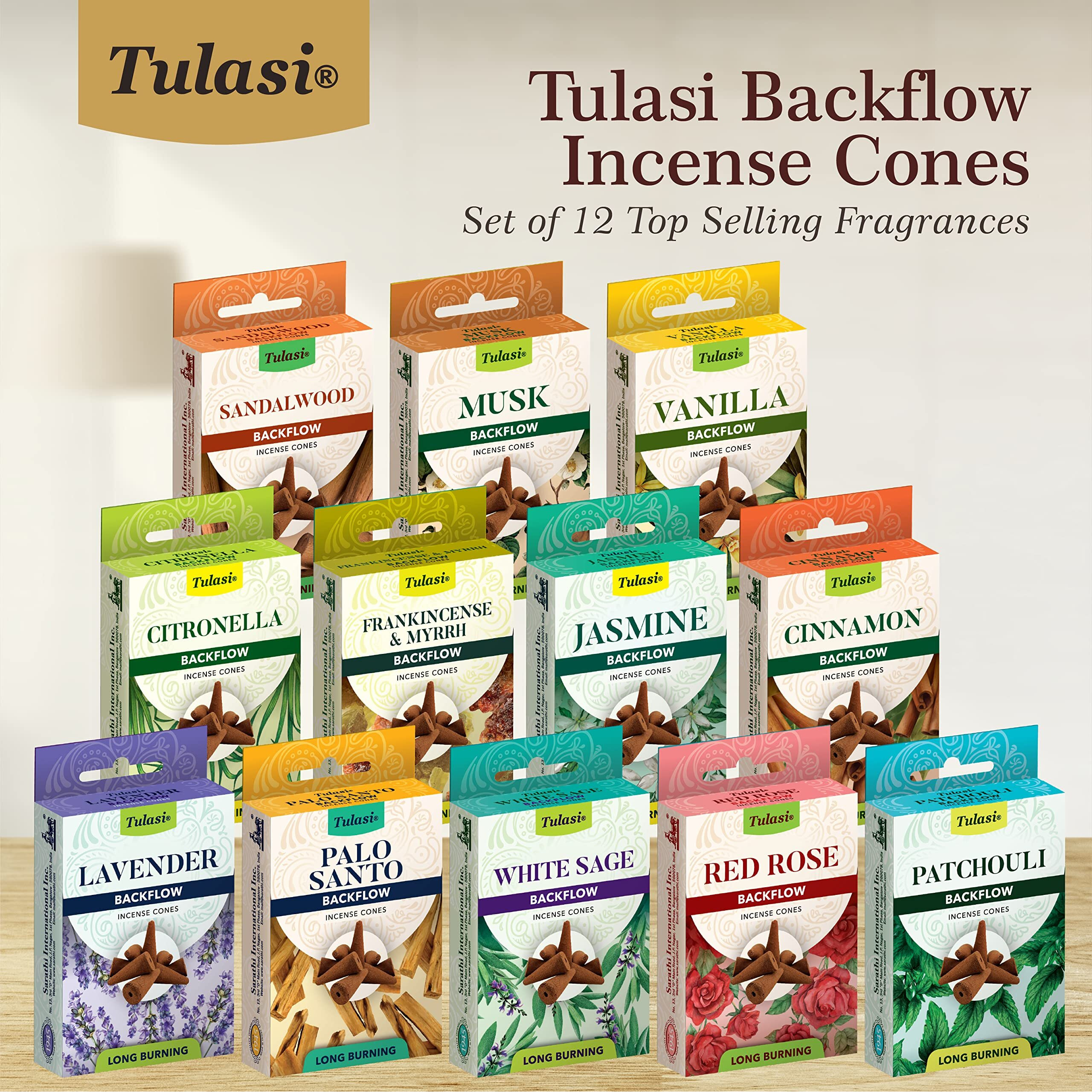 Tulasi Backflow Incense Cones With Natural Oils, Scents Set Of 12 Fragrances (120 Cones) Calming Home Aromatherapy, Yoga, Meditation, Relaxing, Mixed Scents With Natural Oils