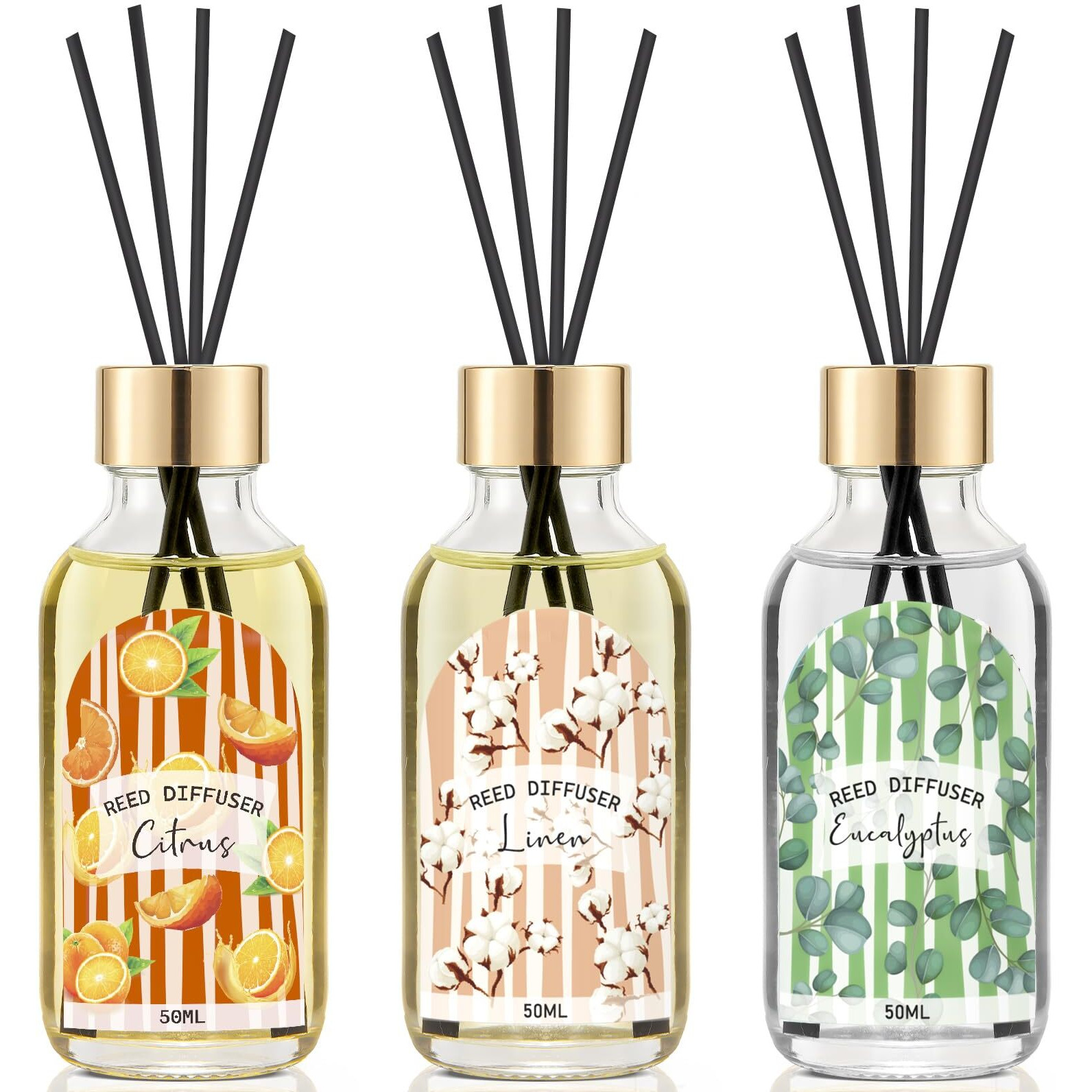 3 Pack Reed Diffuser Set, Linen Eucalyptus Citrus Scented Oil Reed Diffusers For Home, Bathroom, Office Decor, Aromatherapy Diffuser With 15 Sticks, 1.7 Fl. Oz Each, Total 5.1 Fl. Oz