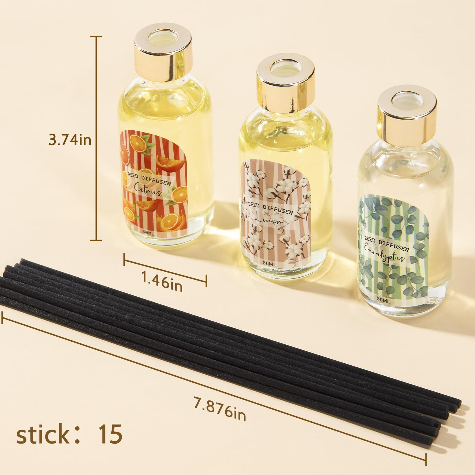 3 Pack Reed Diffuser Set, Linen Eucalyptus Citrus Scented Oil Reed Diffusers For Home, Bathroom, Office Decor, Aromatherapy Diffuser With 15 Sticks, 1.7 Fl. Oz Each, Total 5.1 Fl. Oz