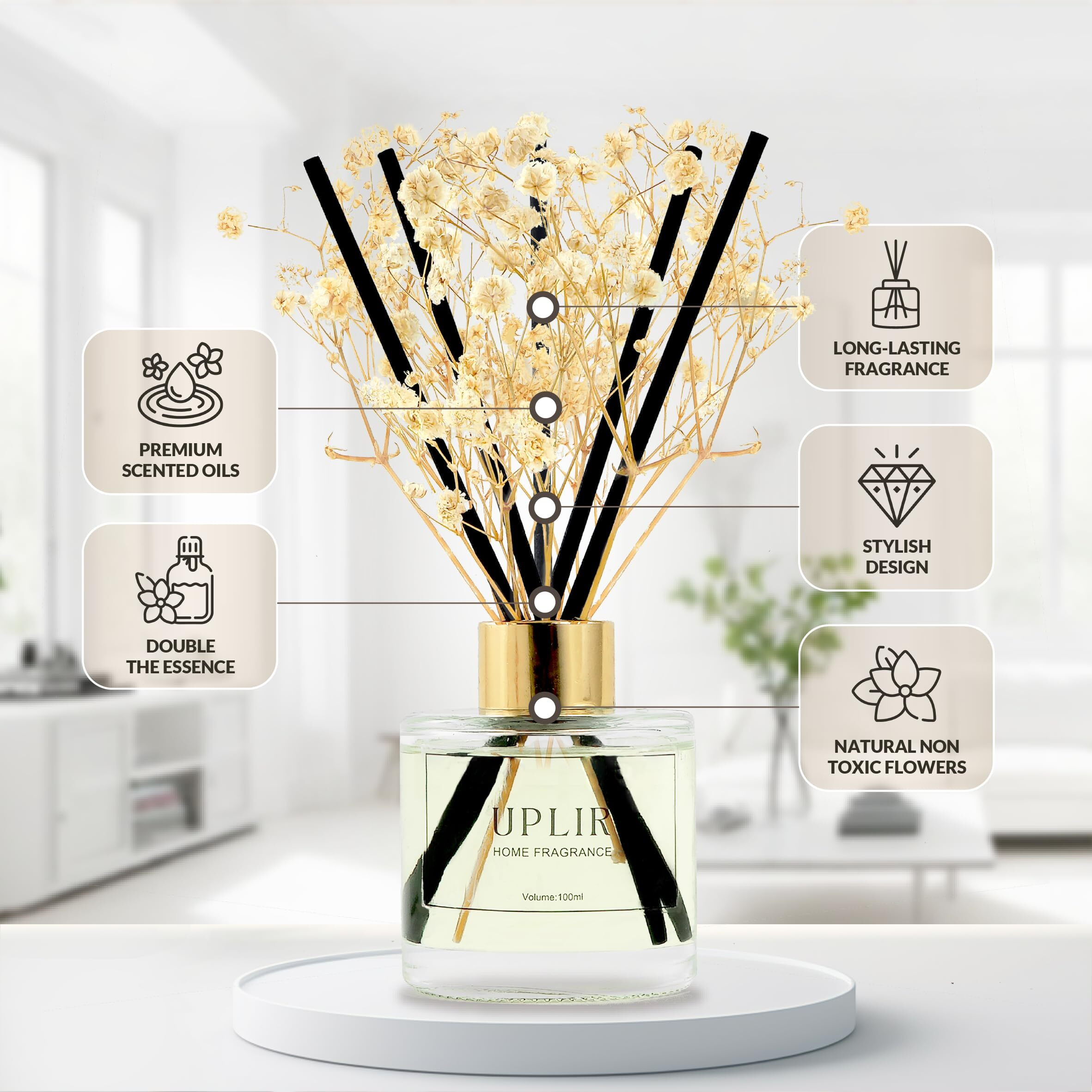 Uplir Flower Reed Diffusers For Home With 1 Jasmine & White Tea Double Essential Oil, 3.4 Oz (100Ml) - Elegant Reed Diffuser Set With 5 Sticks For Home Decor, Bathroom, Any Room, Housewarming Gift