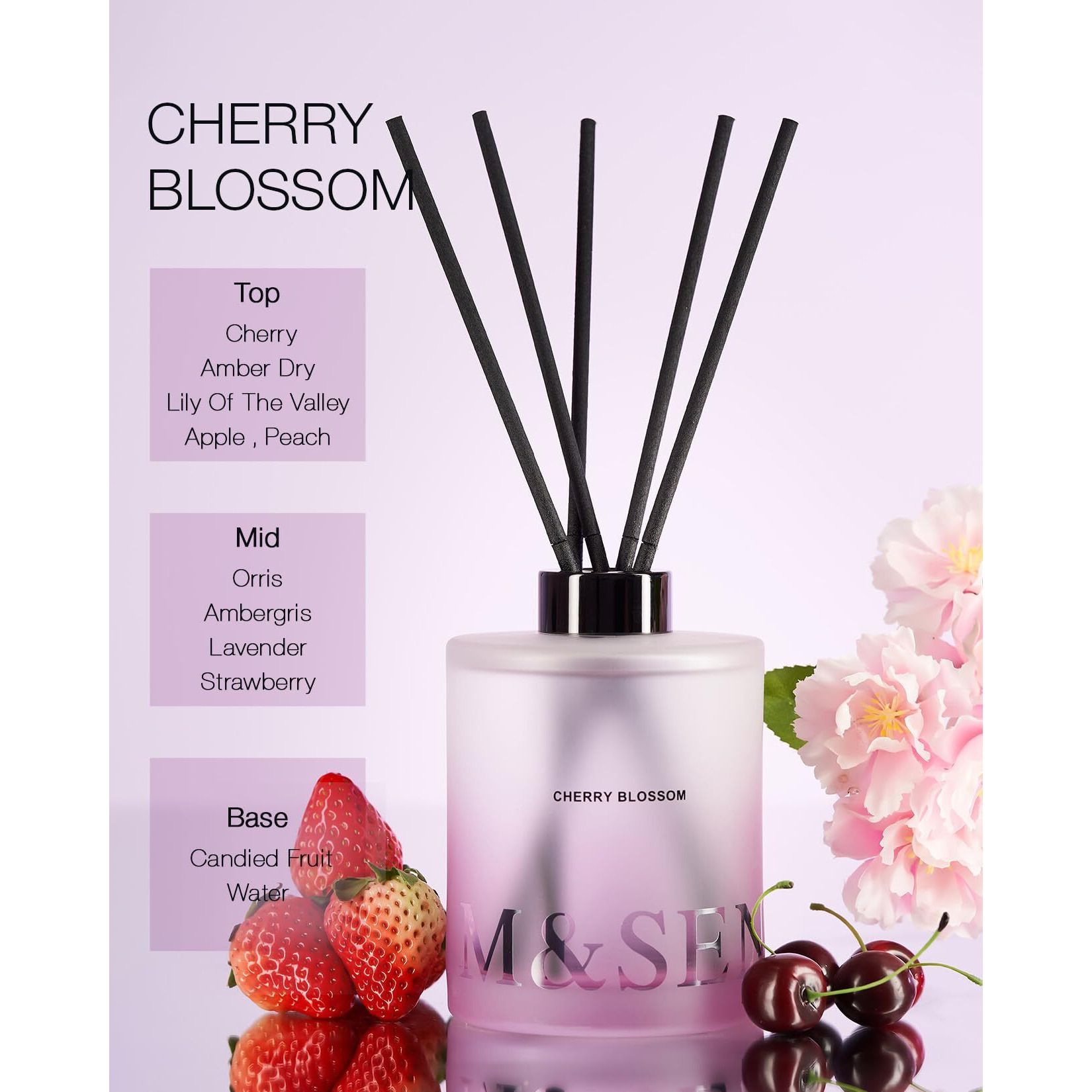 M&Sense Cherry Blossom Reed Diffuser Set - 16.9 Fl Oz Long-Lasting Scent, Non-Toxic Natural Essential Oil Diffuser With Sticks, Home Fragrance Diffuser Gift For Office Bathroom Bedroom