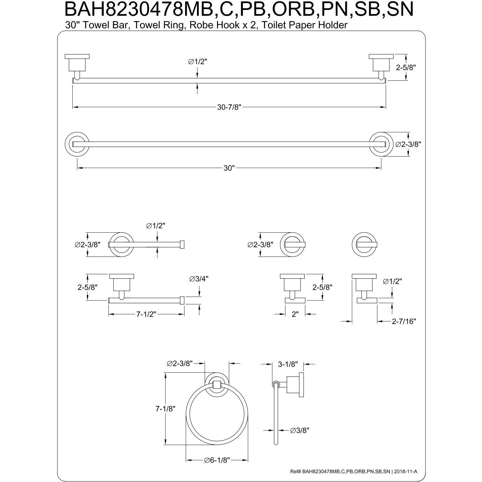 Kingston Brass Bah8230478Orb Concord Bathroom Hardware Set, 24.88 X 7.13 X 3.13, Oil Rubbed Bronze