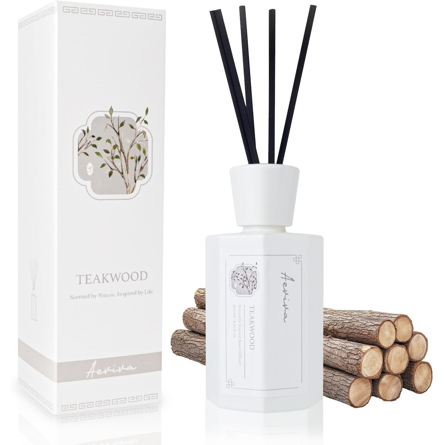 Aeviva Reed Diffuser Set, 6.7 Oz Teakwood Scented Reed Diffusers For Home With Sticks, Home Fragrance Oil Scent Diffuser For Bathroom, Decor & Gift