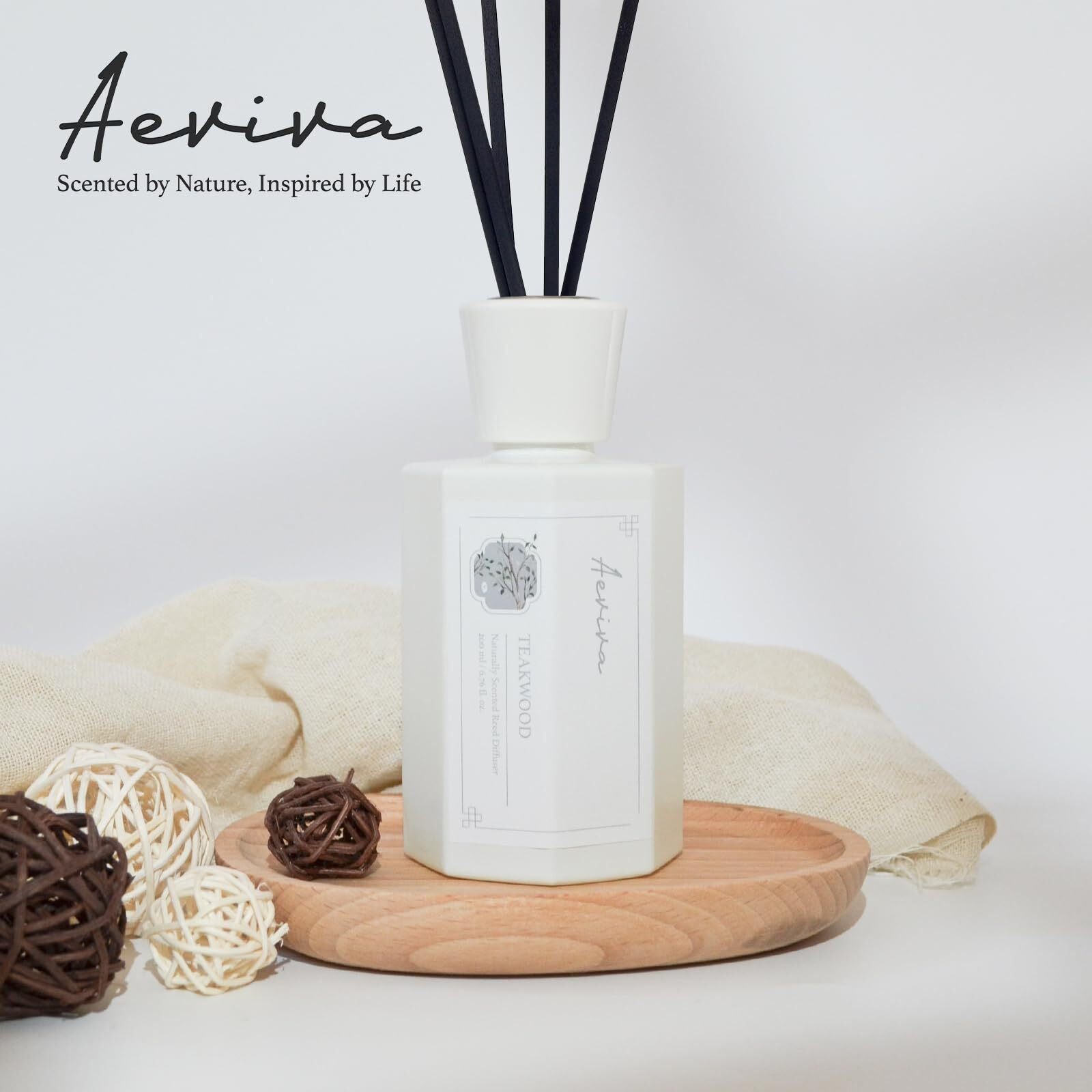 Aeviva Reed Diffuser Set, 6.7 Oz Teakwood Scented Reed Diffusers For Home With Sticks, Home Fragrance Oil Scent Diffuser For Bathroom, Decor & Gift