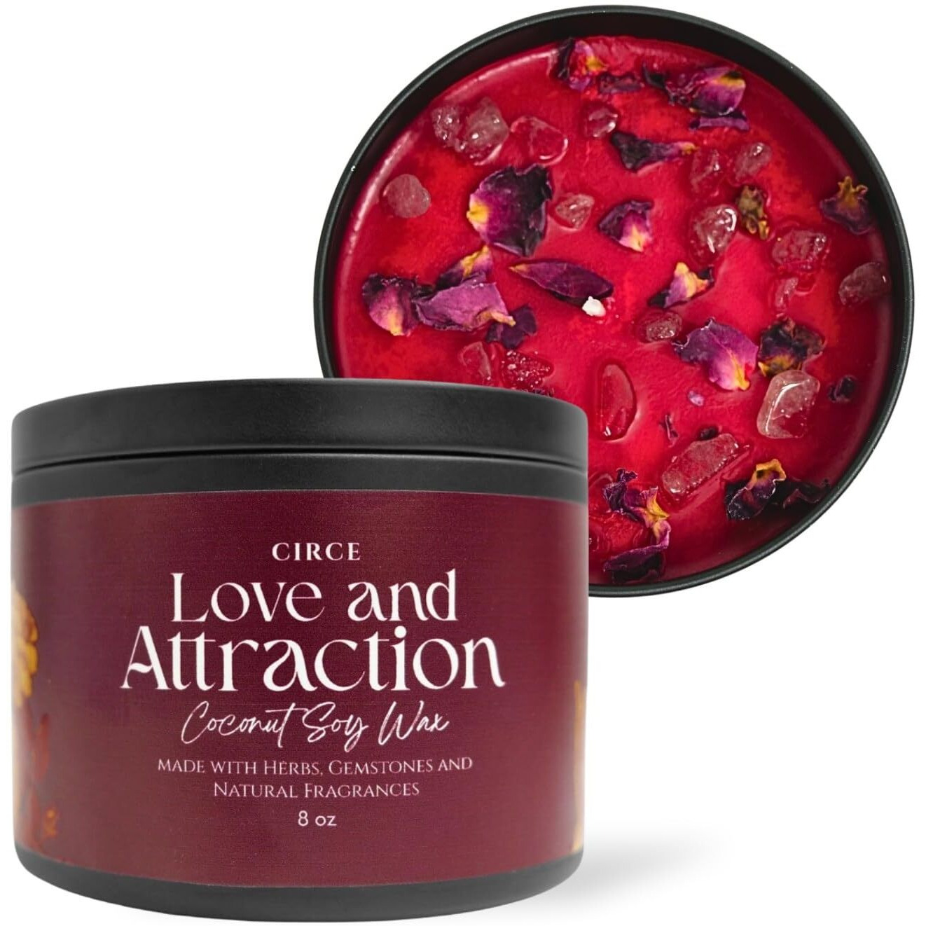 Circe Spell Candle Love & Attraction    Coconut Soy Wax Candle Jar - Premium Hand Poured & Long Burning - Herbs, Crystals & Natural Fragrance Oils- Draw Love, Connection & Passion- Self Care, Gift- 8Oz