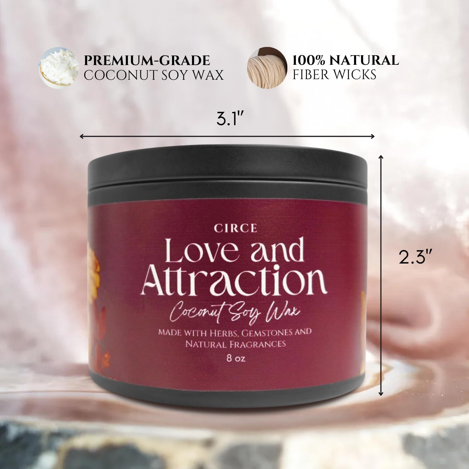 Circe Spell Candle Love & Attraction    Coconut Soy Wax Candle Jar - Premium Hand Poured & Long Burning - Herbs, Crystals & Natural Fragrance Oils- Draw Love, Connection & Passion- Self Care, Gift- 8Oz