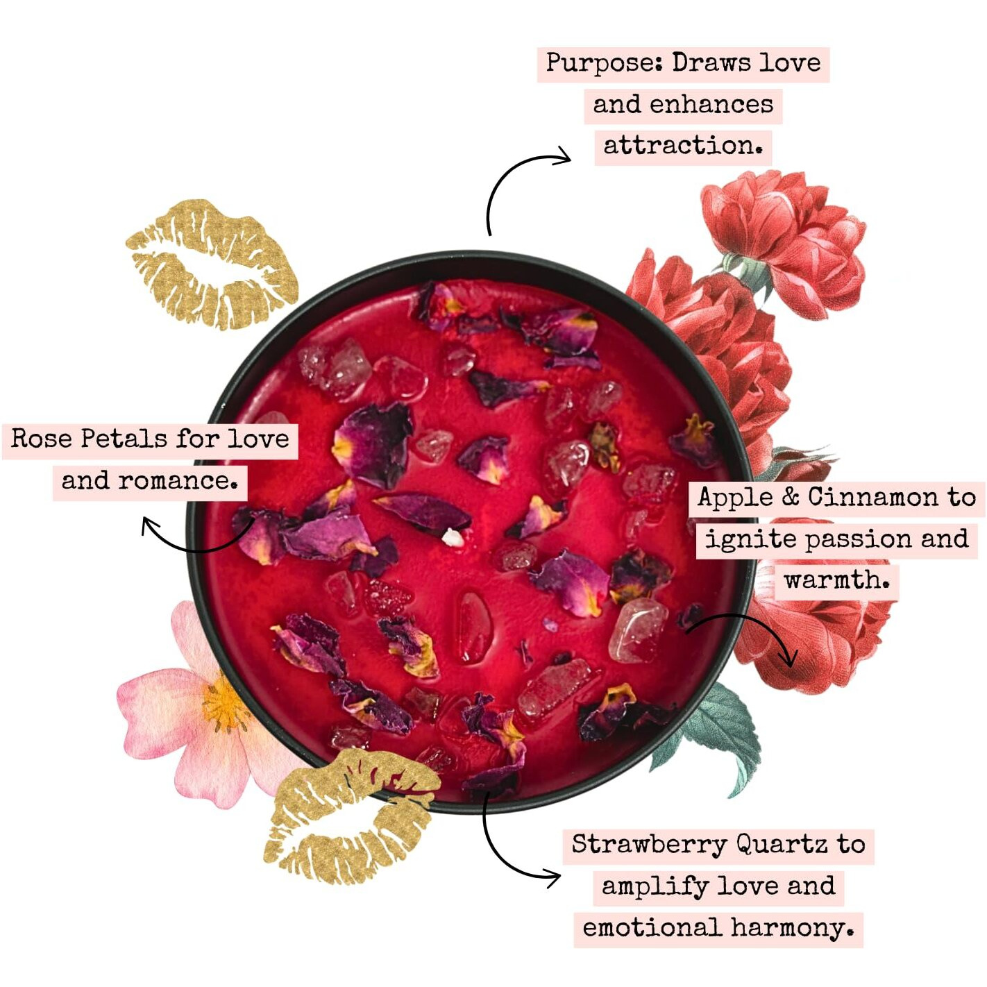 Circe Spell Candle Love & Attraction    Coconut Soy Wax Candle Jar - Premium Hand Poured & Long Burning - Herbs, Crystals & Natural Fragrance Oils- Draw Love, Connection & Passion- Self Care, Gift- 8Oz