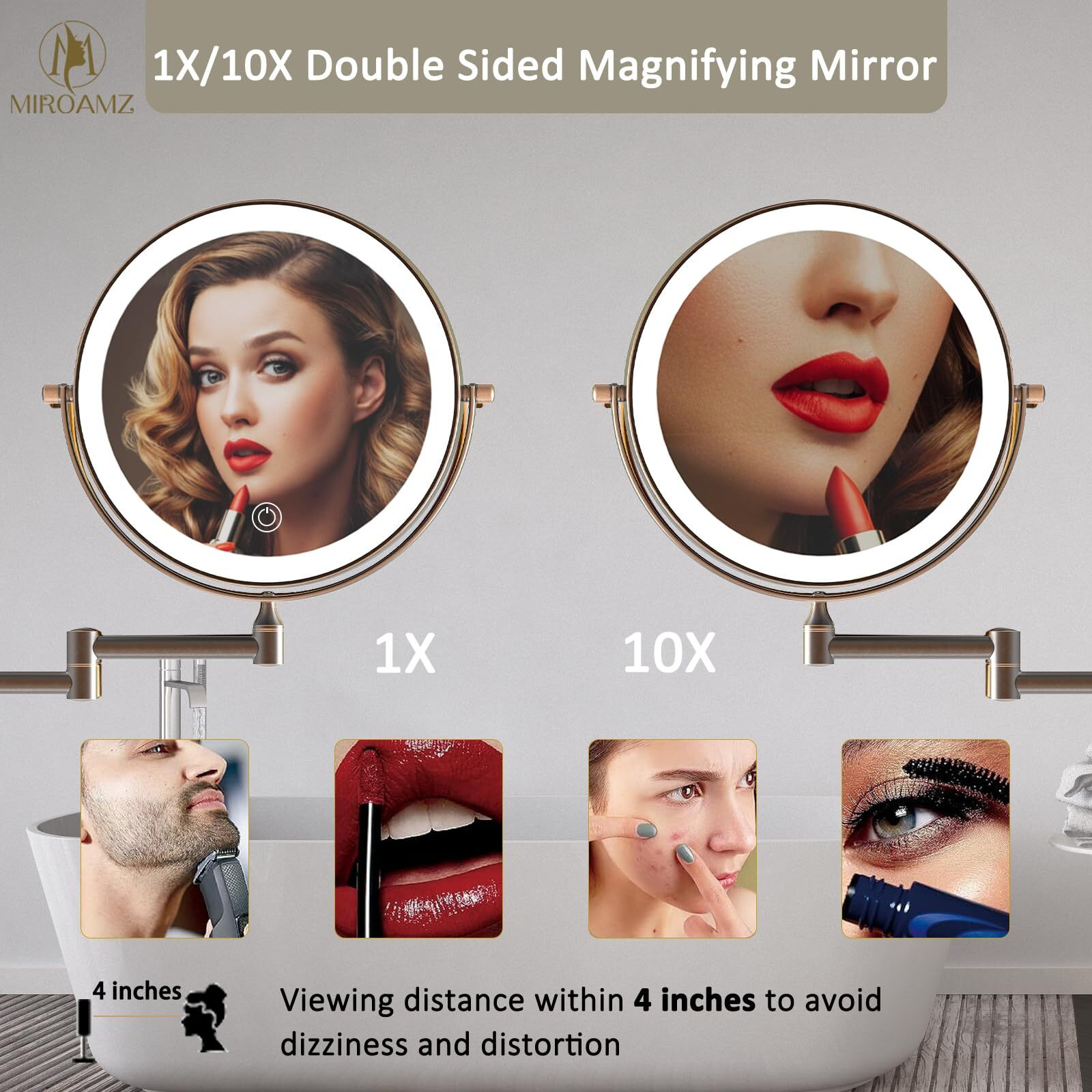 Miroamz Rechargeable Wall Mounted Lighted Makeup Vanity Mirror 8 Inch Double Sided 1X 10X Magnifying Bathroom Mirror, 3 Color Lighting, Touch Screen Dimming, 360 Rotation Oil Rubbed Bronze