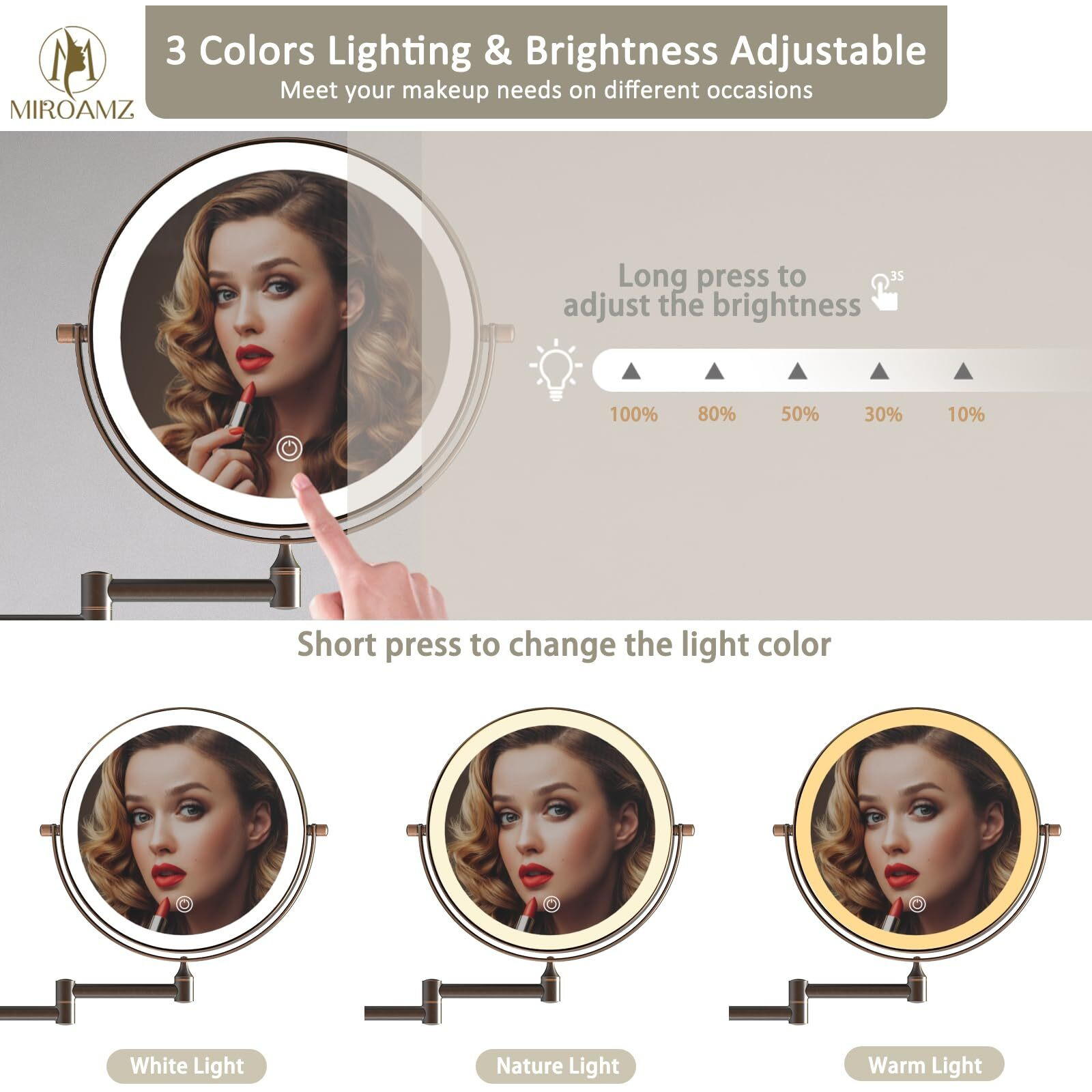 Miroamz Rechargeable Wall Mounted Lighted Makeup Vanity Mirror 8 Inch Double Sided 1X 10X Magnifying Bathroom Mirror, 3 Color Lighting, Touch Screen Dimming, 360 Rotation Oil Rubbed Bronze