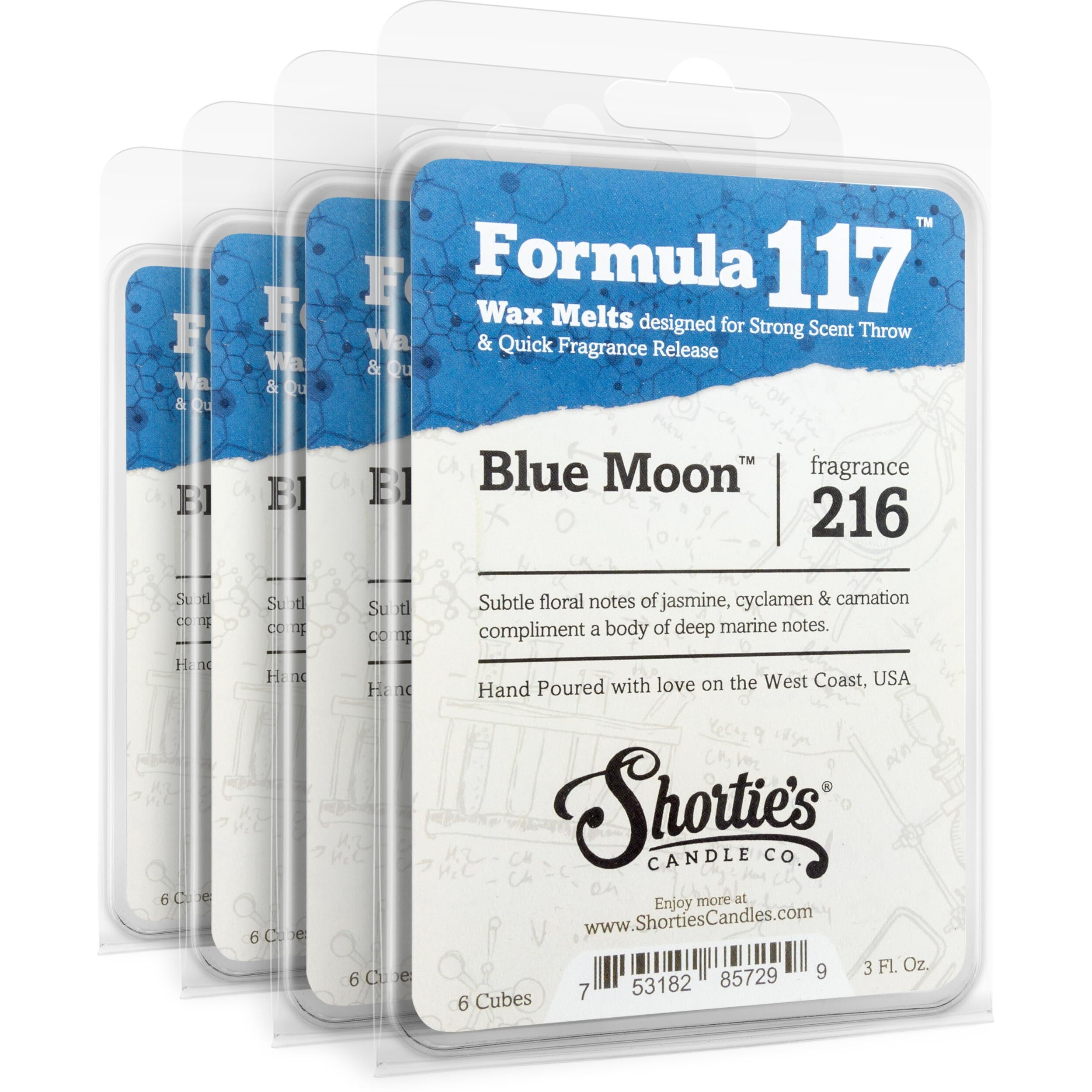 Shortie's Candle Company Blue Moon Wax Melts Bulk Pack - Formula 117-4 Highly Scented 3 Oz. Bars (12 Oz. Total) - Made With Natural Oils - Fresh & Clean Air Freshener Cubes Collection