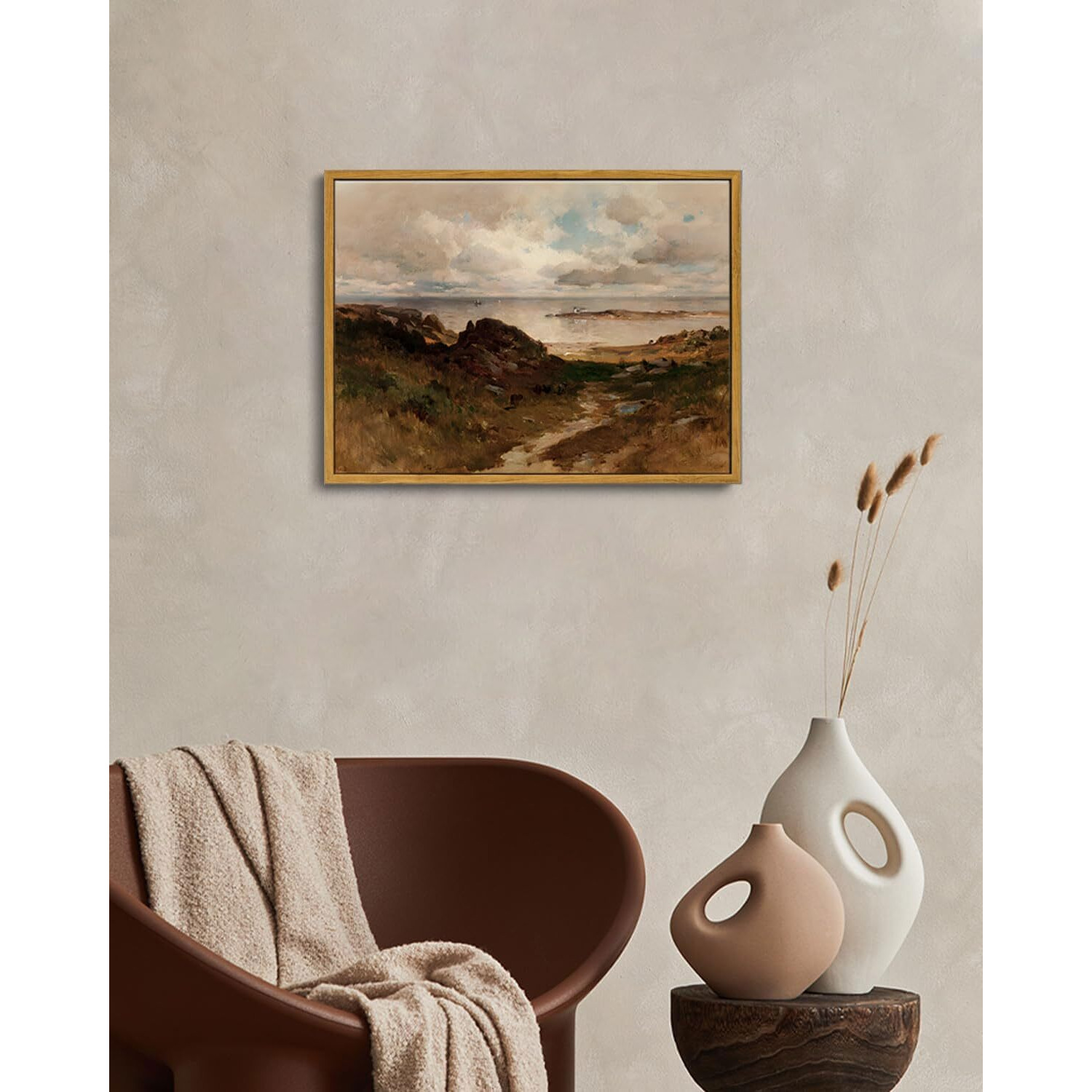 Oiqartoiq Framed Vintage Landscape Wall Art Coast Natural Scenery Oil Painting Canvas Prints Country Farmhouse Aesthetic Decor Pictures For Kitchen Bedroom Living Room Bathroom