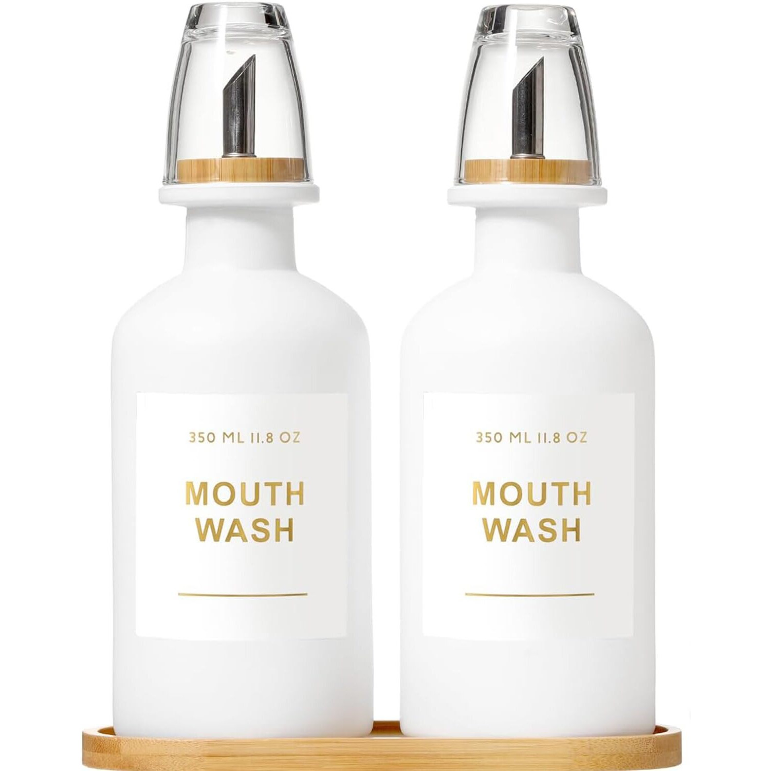Bonlong 11.8Oz Mouthwash Dispenser For Bathroom With Bamboo & Stainless Steel Pour Spout, Mouthwash Cups Reusable, Bamboo Tray, And Elegant Gold Label. Set Of 2(White