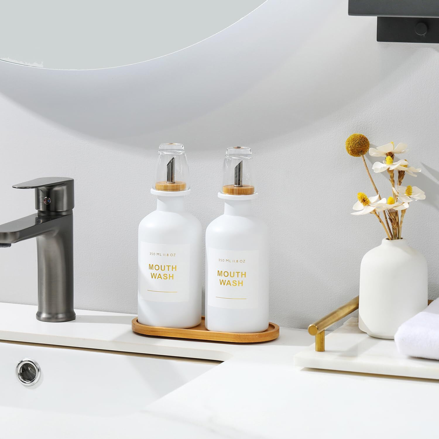 Bonlong 11.8Oz Mouthwash Dispenser For Bathroom With Bamboo & Stainless Steel Pour Spout, Mouthwash Cups Reusable, Bamboo Tray, And Elegant Gold Label. Set Of 2(White