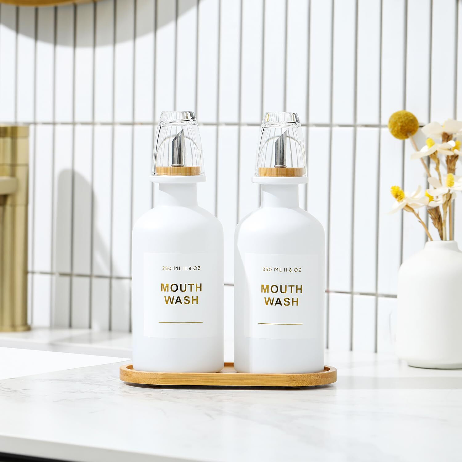 Bonlong 11.8Oz Mouthwash Dispenser For Bathroom With Bamboo & Stainless Steel Pour Spout, Mouthwash Cups Reusable, Bamboo Tray, And Elegant Gold Label. Set Of 2(White