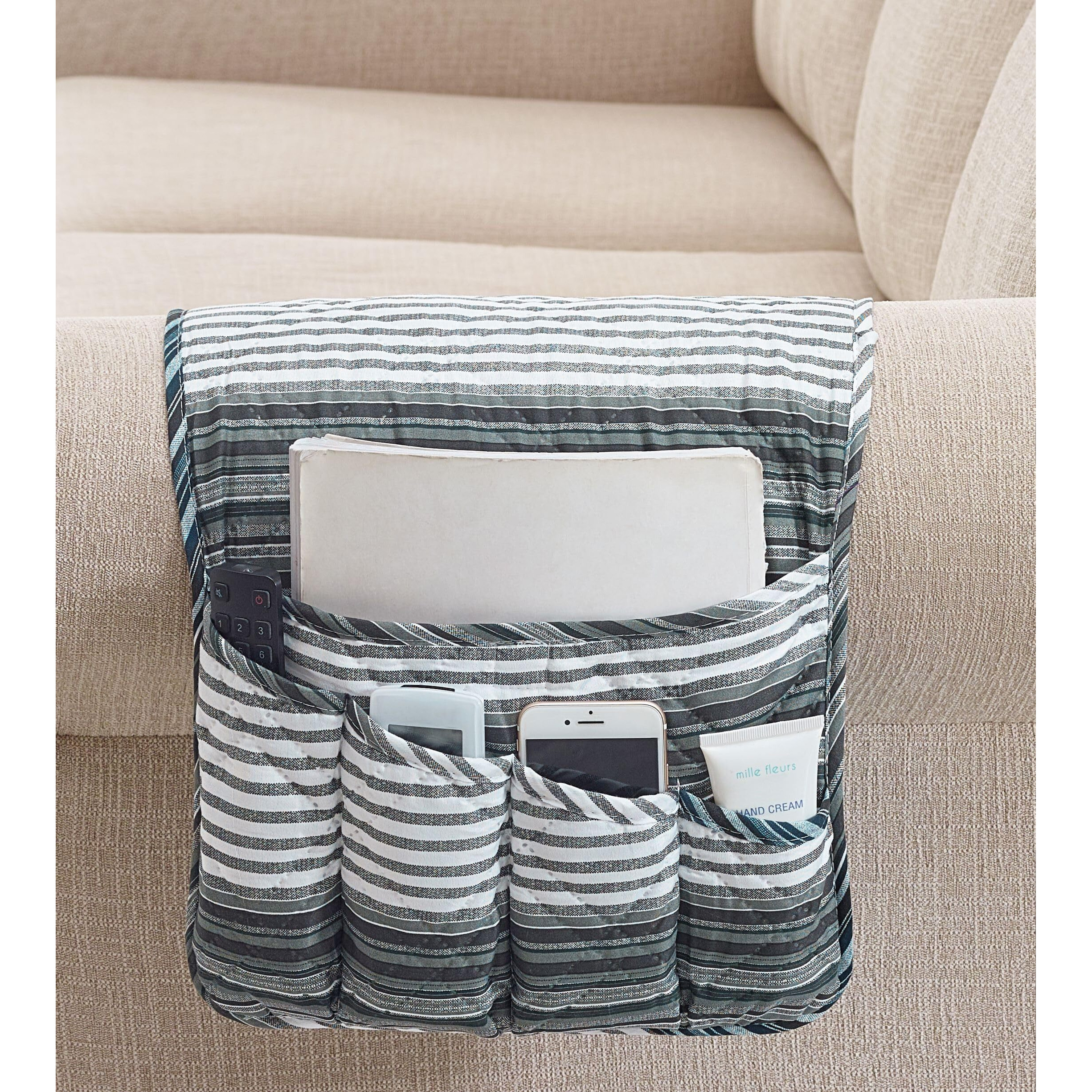 Brilliant Sunshine Multi Grey Stripes Patchwork Couch Armrest 5 Pockets Organizer, Slip Resistant Armchair Caddy, Washable Remote Controls Holder, Storage For Magazine, Tablet, Phone, Ipad, Multi Grey