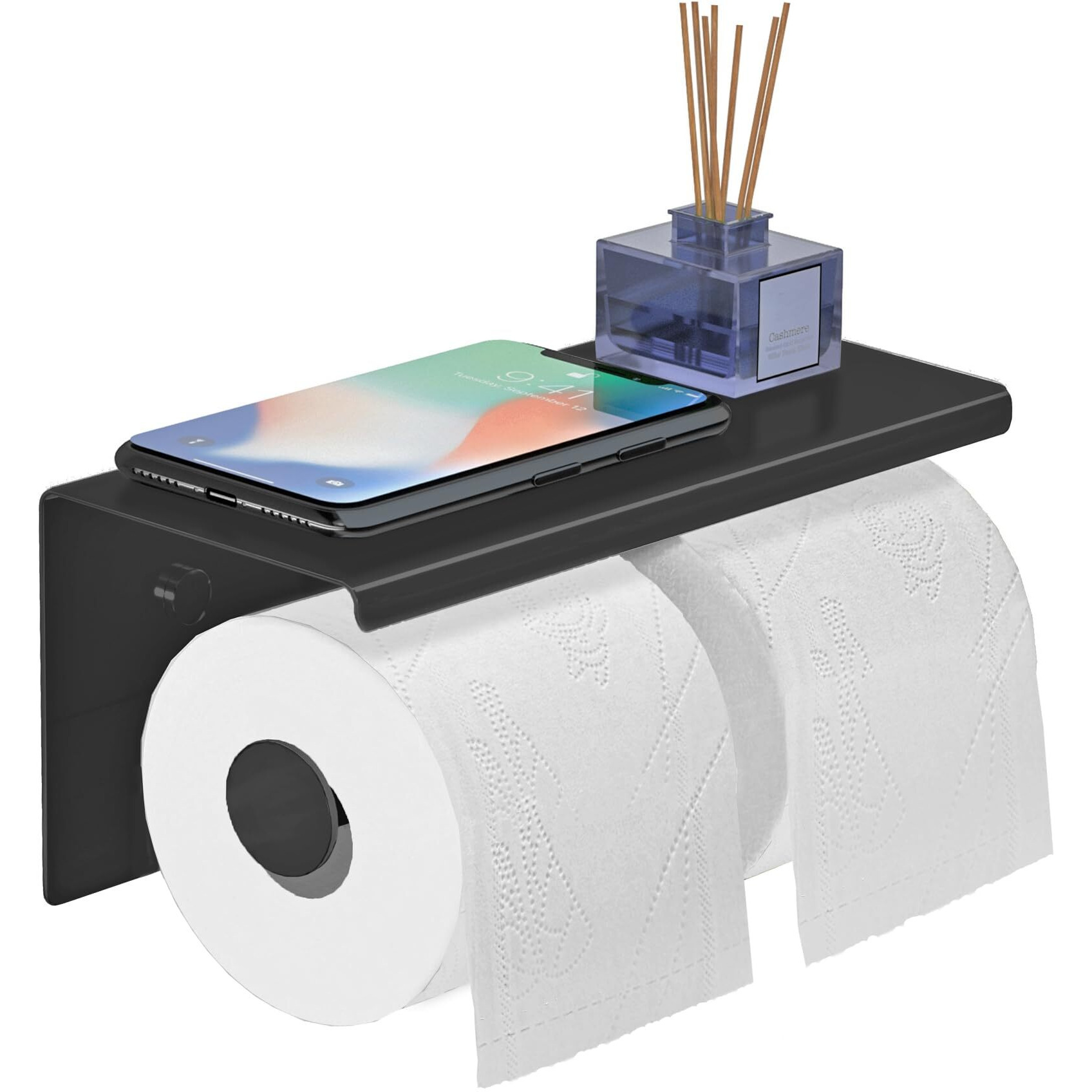 Yeavs Double Toilet Paper Holder-Stainless Steel Tissue Roll Rack With Phone Storage Shelf (Black)