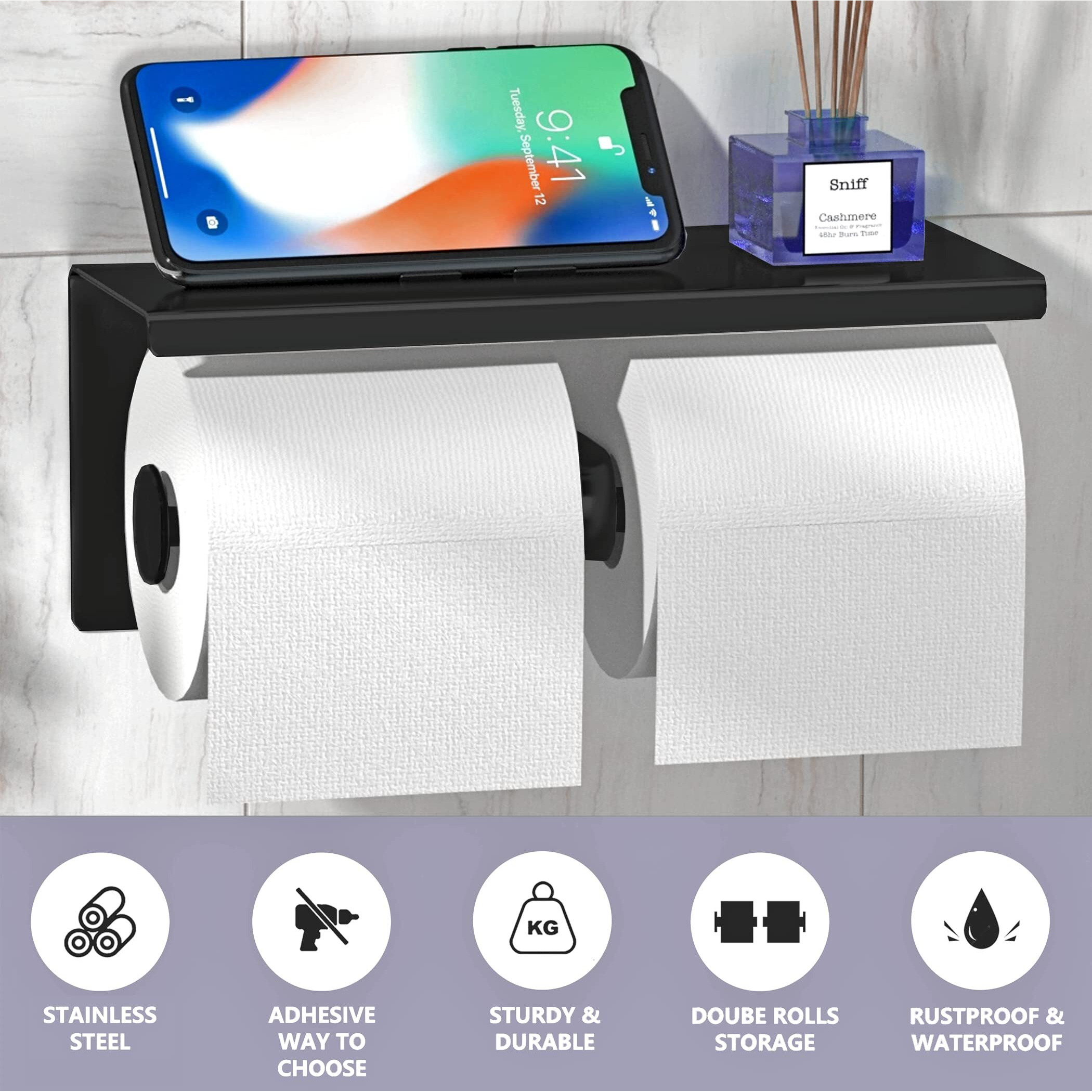Yeavs Double Toilet Paper Holder-Stainless Steel Tissue Roll Rack With Phone Storage Shelf (Black)