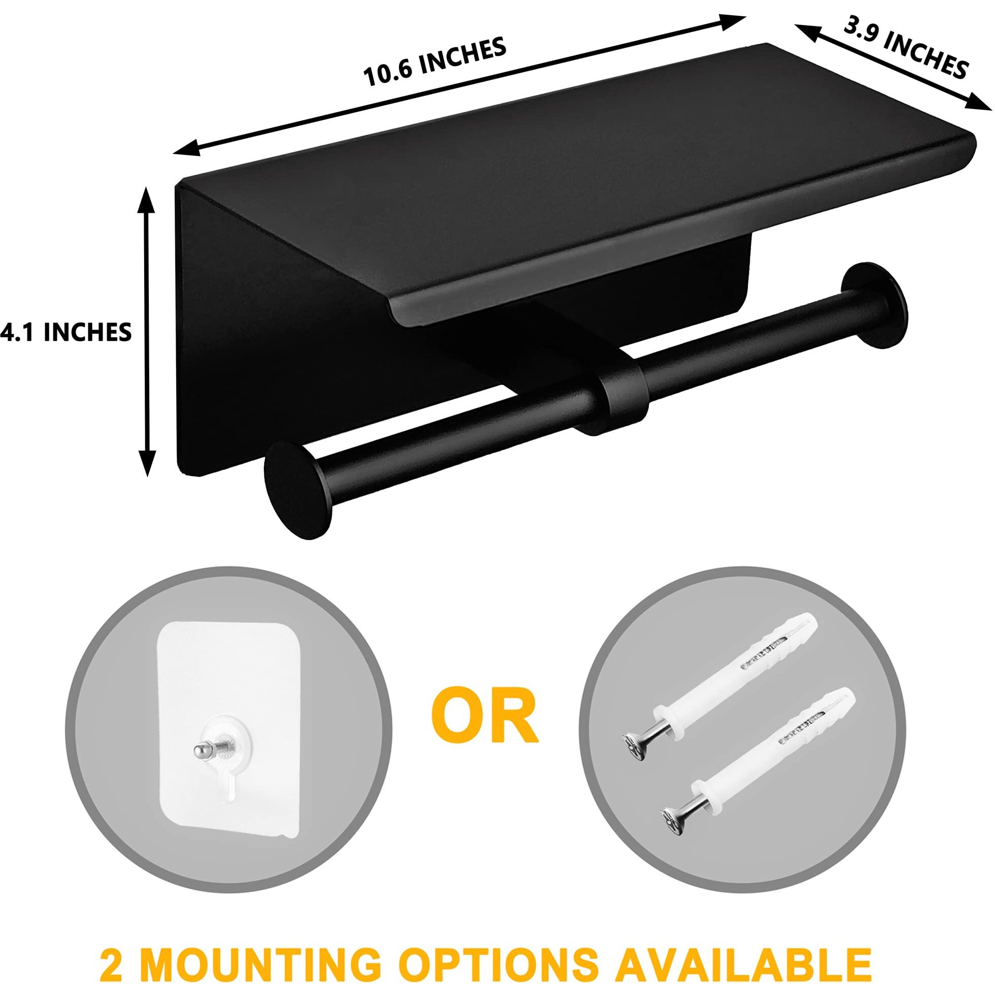 Yeavs Double Toilet Paper Holder-Stainless Steel Tissue Roll Rack With Phone Storage Shelf (Black)