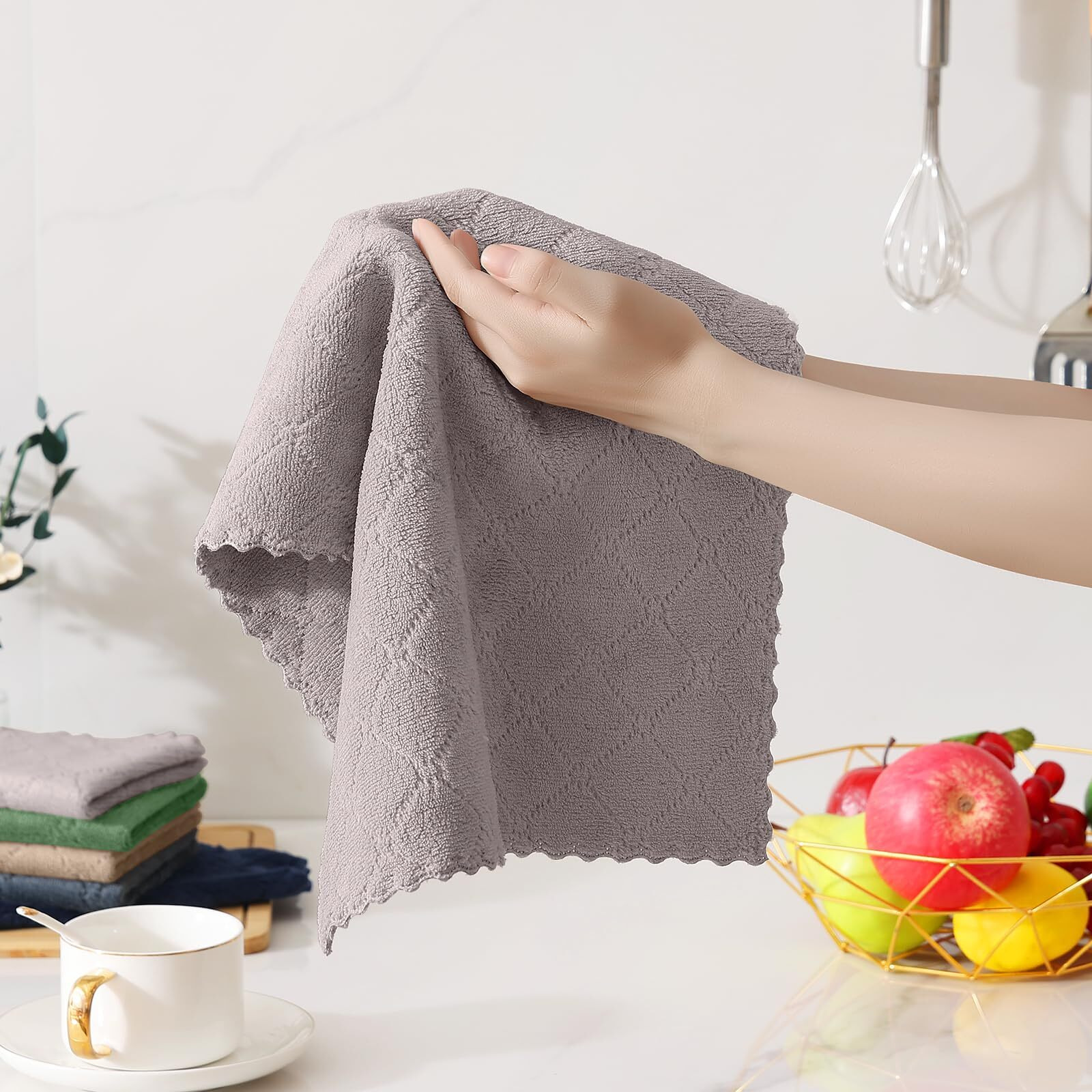 Homaxy Kitchen Towels And Dishcloths Set, 10 X 10 And 13 X 19 Inches, Set Of 12 Super Soft And Absorbent Coral Velvet Kitchen Towels, No Lint And Nonstick Oil Fast Drying Dish Towel, Grey